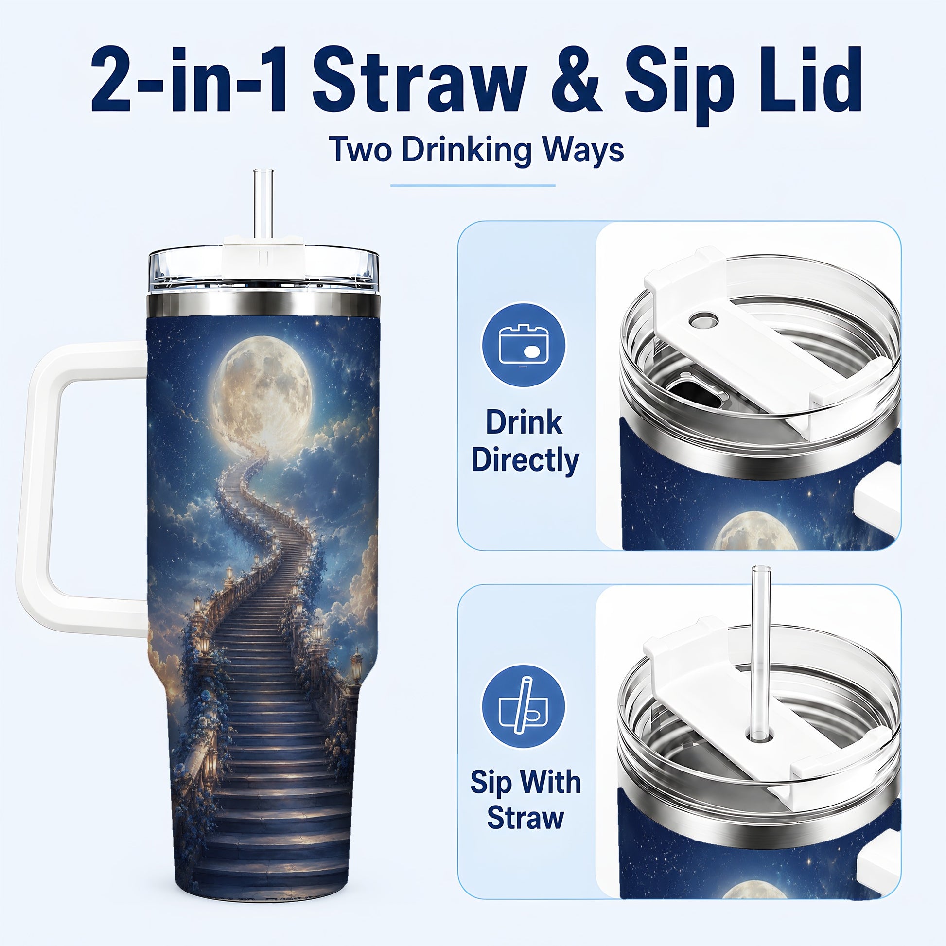 #pl[40oz|White] Moon Stairway 40oz Tumbler with Handle, Celestial Dreamscape Art