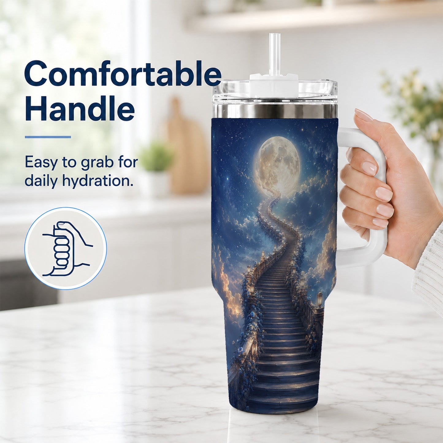 #pl[40oz|White] Moon Stairway 40oz Tumbler with Handle, Celestial Dreamscape Art