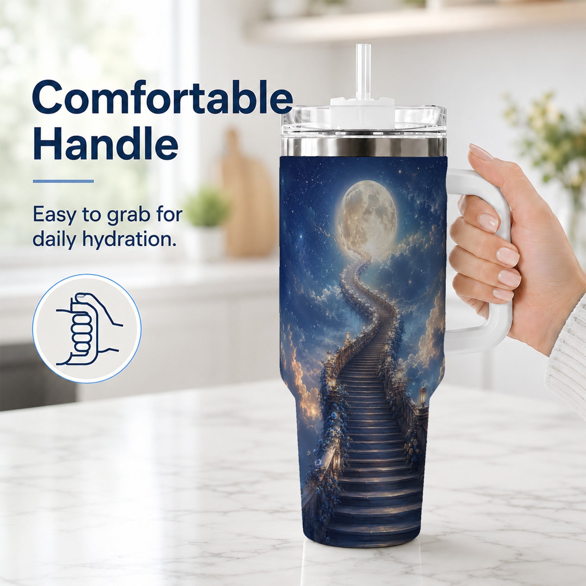 #pl[40oz|White] Moon Stairway 40oz Tumbler with Handle, Celestial Dreamscape Art
