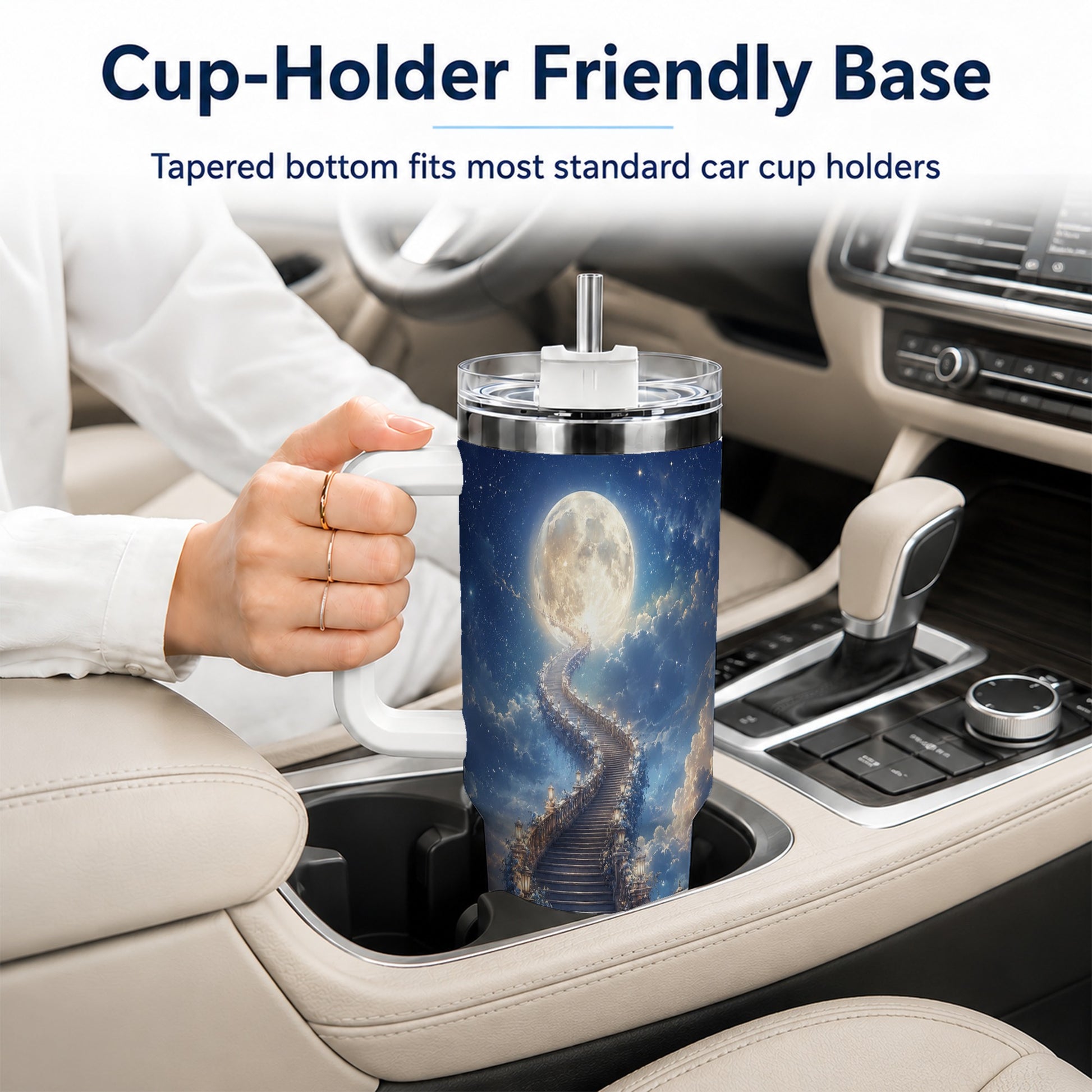 #pl[40oz|White] Moon Stairway 40oz Tumbler with Handle, Celestial Dreamscape Art