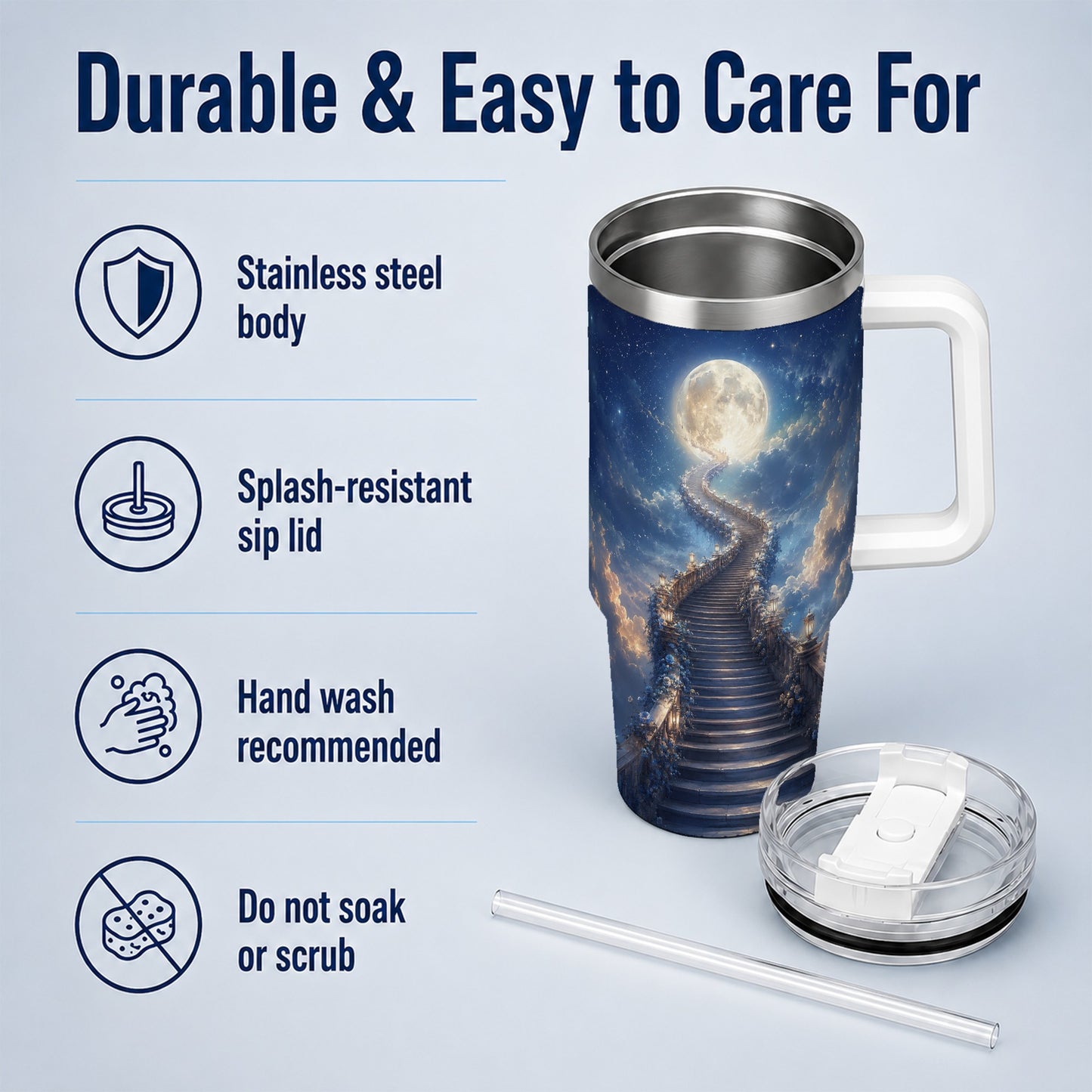 #pl[40oz|White] Moon Stairway 40oz Tumbler with Handle, Celestial Dreamscape Art