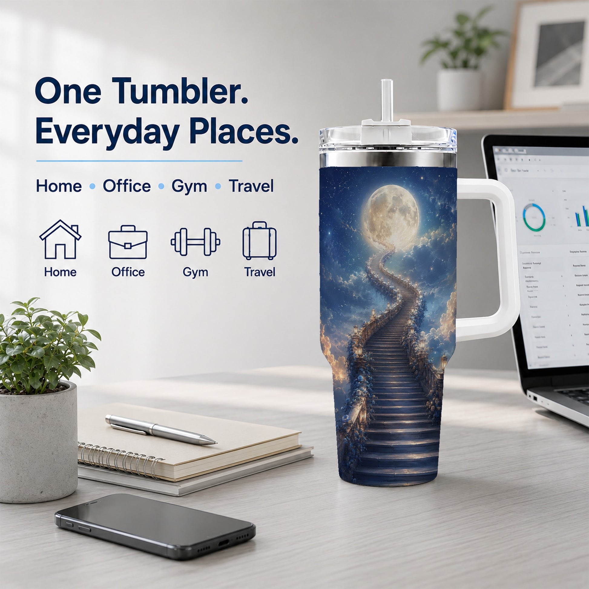 #pl[40oz|White] Moon Stairway 40oz Tumbler with Handle, Celestial Dreamscape Art