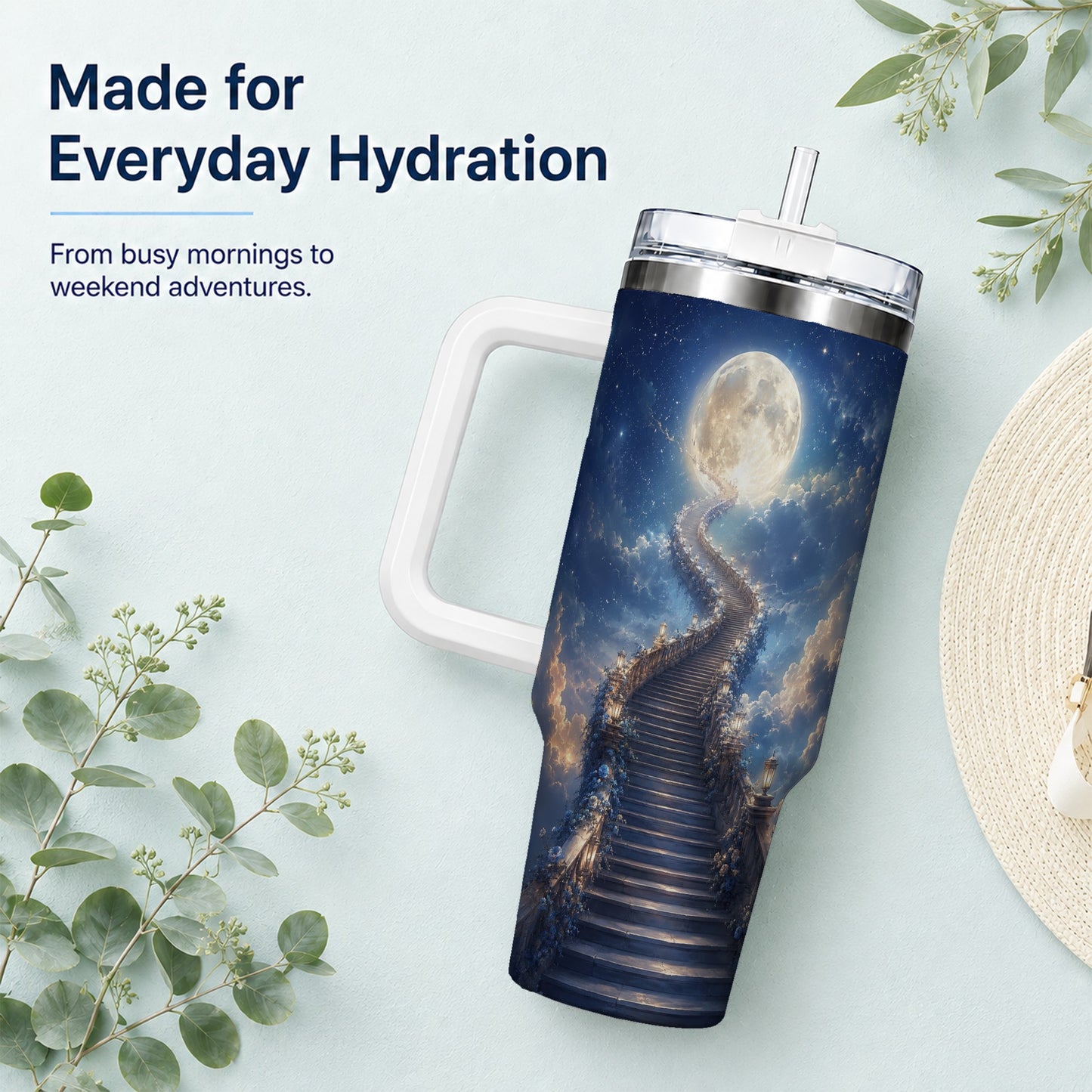 #pl[40oz|White] Moon Stairway 40oz Tumbler with Handle, Celestial Dreamscape Art