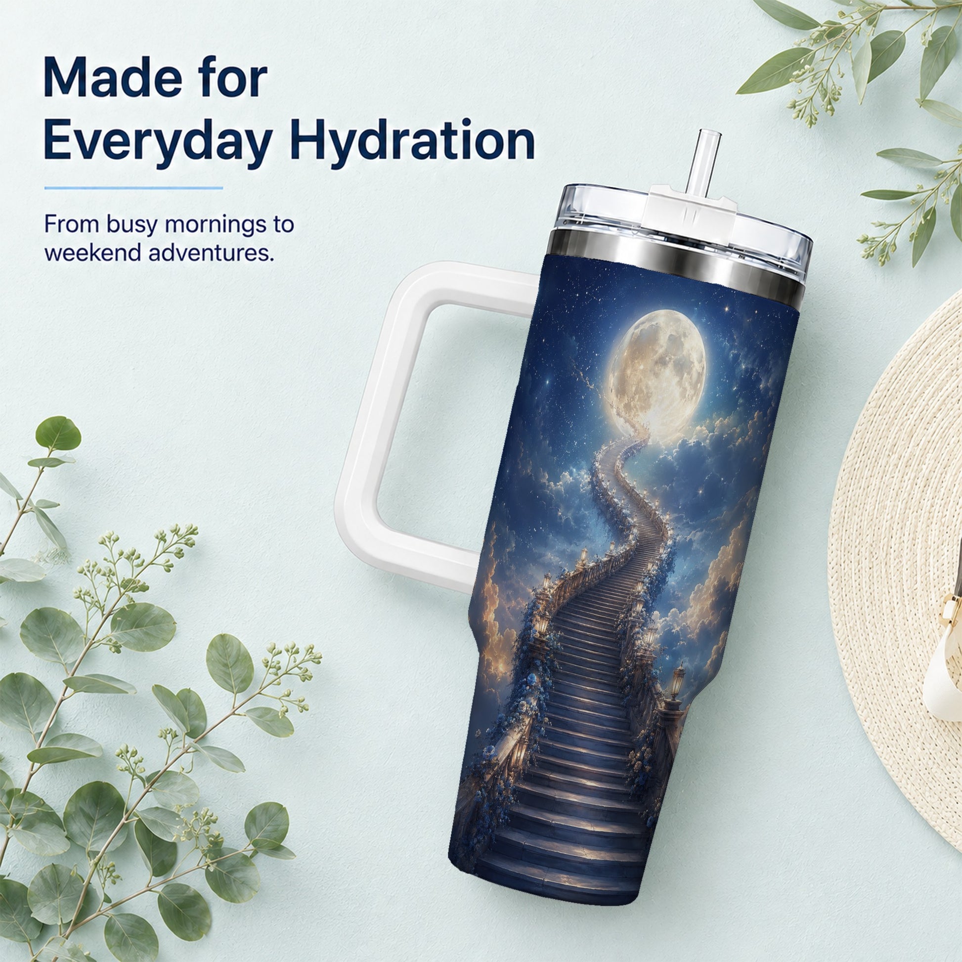 #pl[40oz|White] Moon Stairway 40oz Tumbler with Handle, Celestial Dreamscape Art