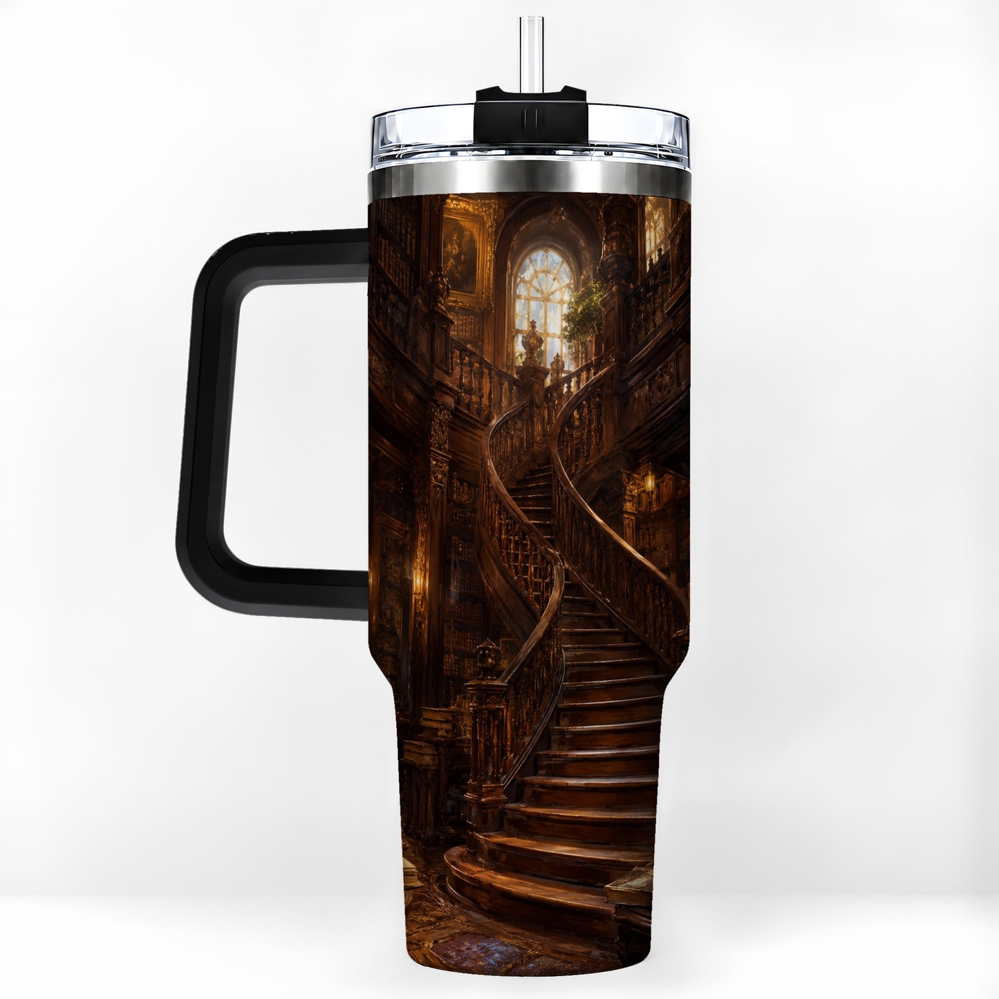 #pl[40oz|Black] Grand Library Staircase 40oz Tumbler with Handle, Dark Academia Library Art