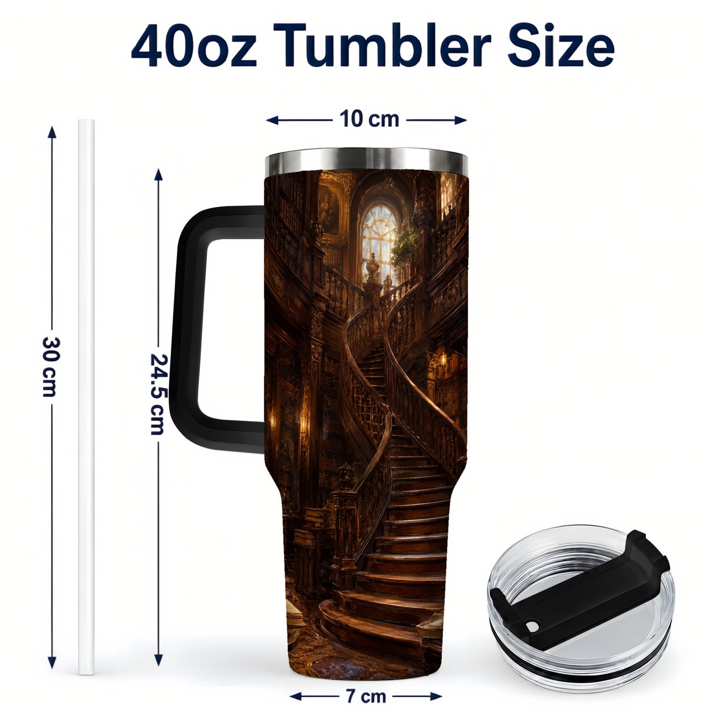 #pl[40oz|Black] Grand Library Staircase 40oz Tumbler with Handle, Dark Academia Library Art