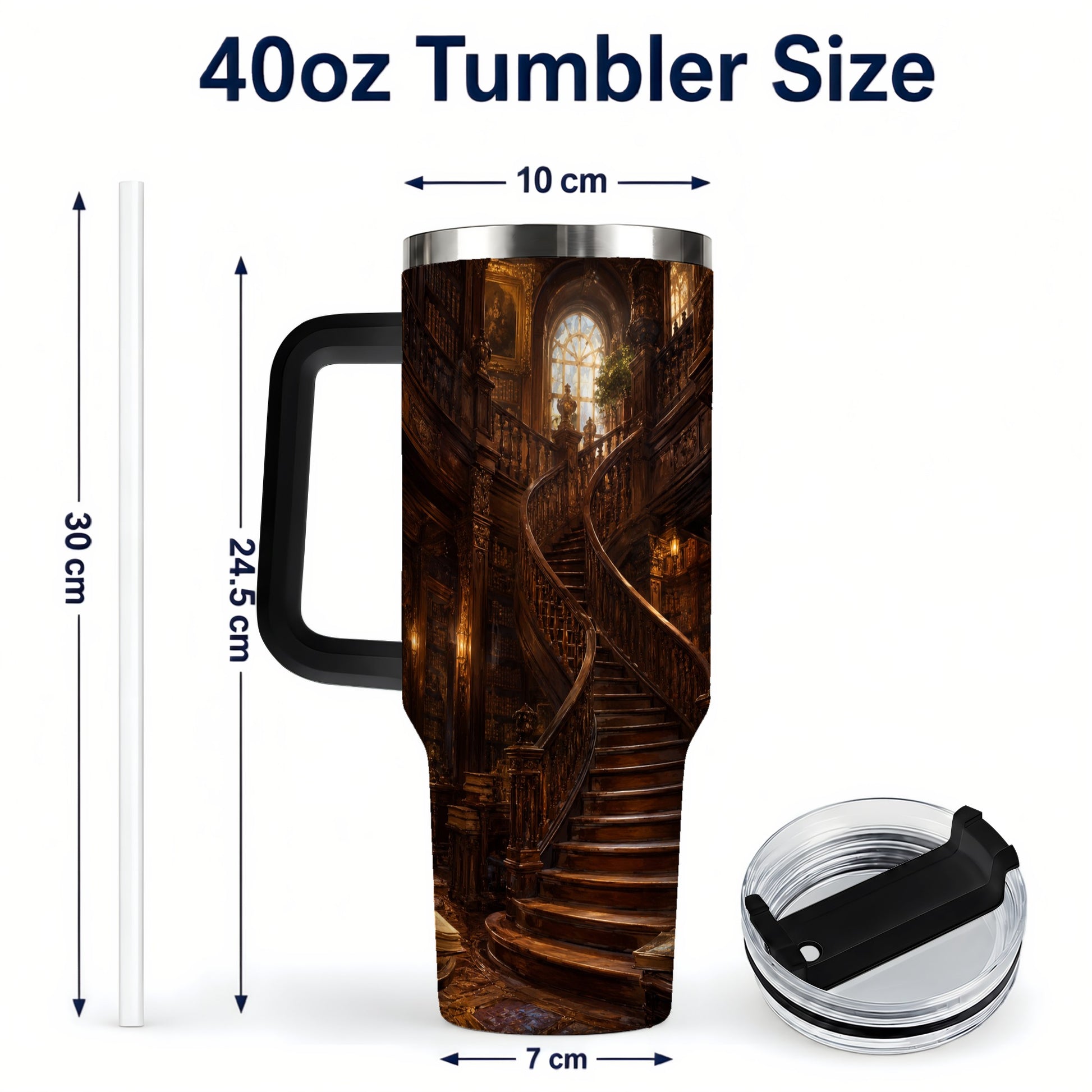 #pl[40oz|Black] Grand Library Staircase 40oz Tumbler with Handle, Dark Academia Library Art