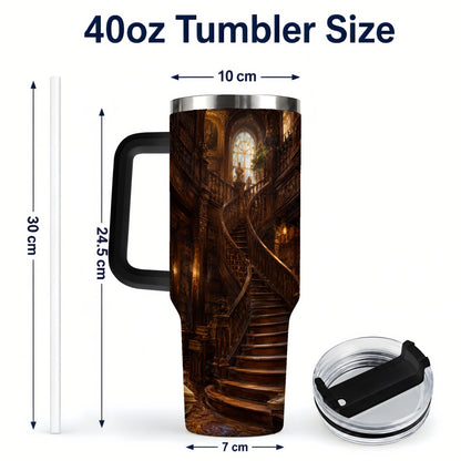 #pl[40oz|Black] Grand Library Staircase 40oz Tumbler with Handle, Dark Academia Library Art