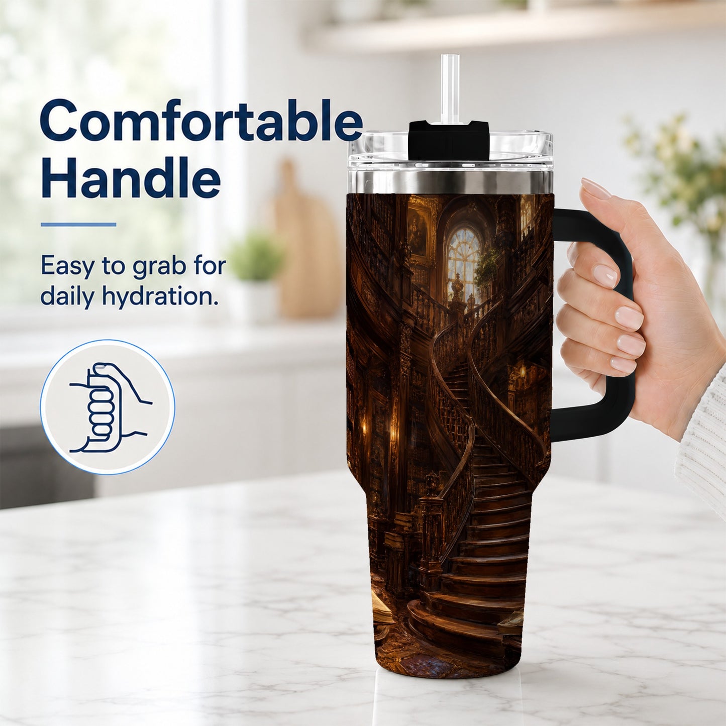 #pl[40oz|Black] Grand Library Staircase 40oz Tumbler with Handle, Dark Academia Library Art