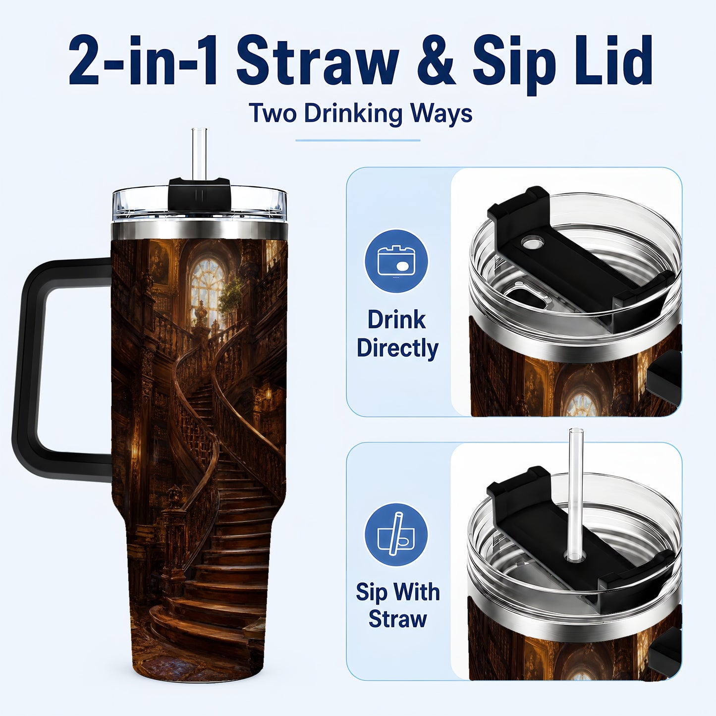 #pl[40oz|Black] Grand Library Staircase 40oz Tumbler with Handle, Dark Academia Library Art
