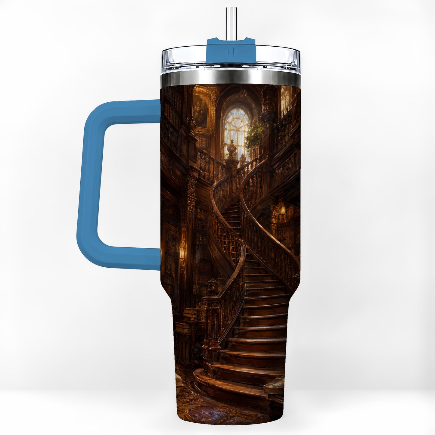 #pl[40oz|Blue] Grand Library Staircase 40oz Tumbler with Handle, Dark Academia Library Art