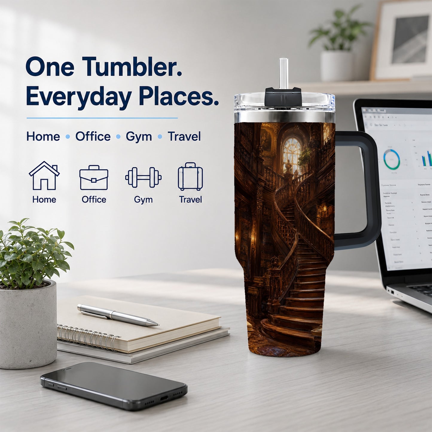 #pl[40oz|Black] Grand Library Staircase 40oz Tumbler with Handle, Dark Academia Library Art