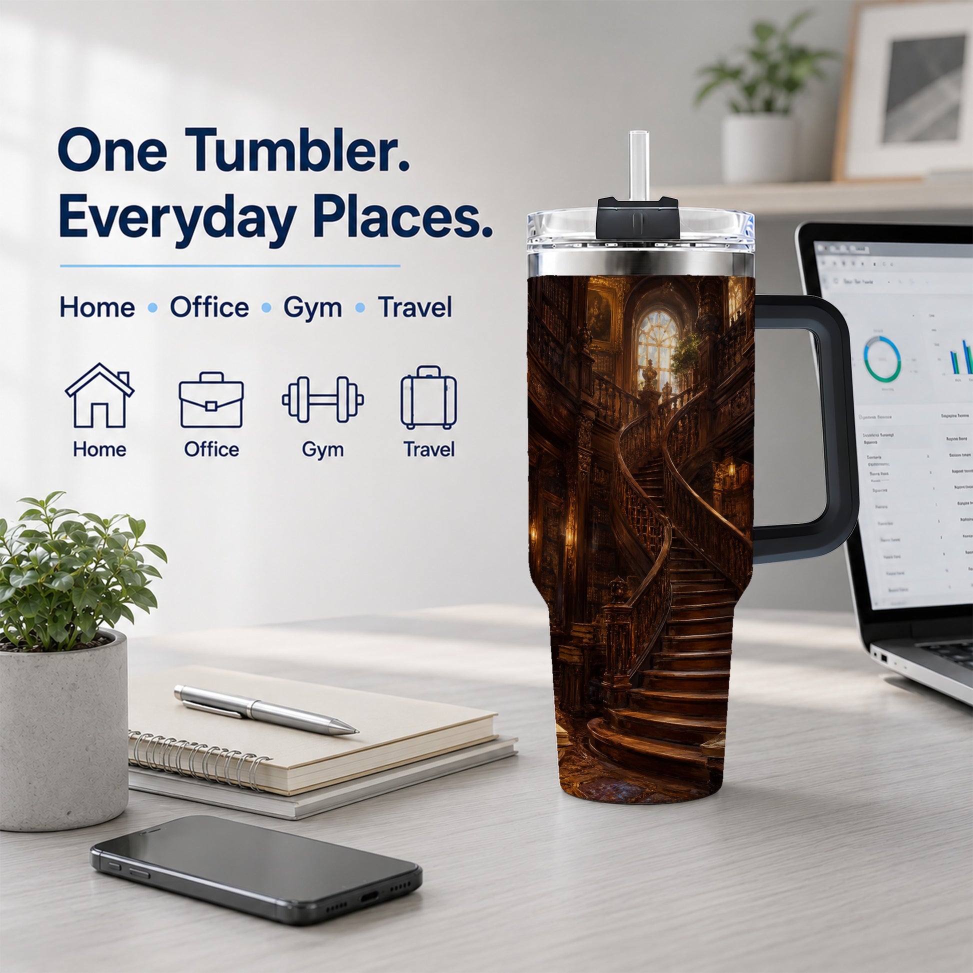 #pl[40oz|Black] Grand Library Staircase 40oz Tumbler with Handle, Dark Academia Library Art