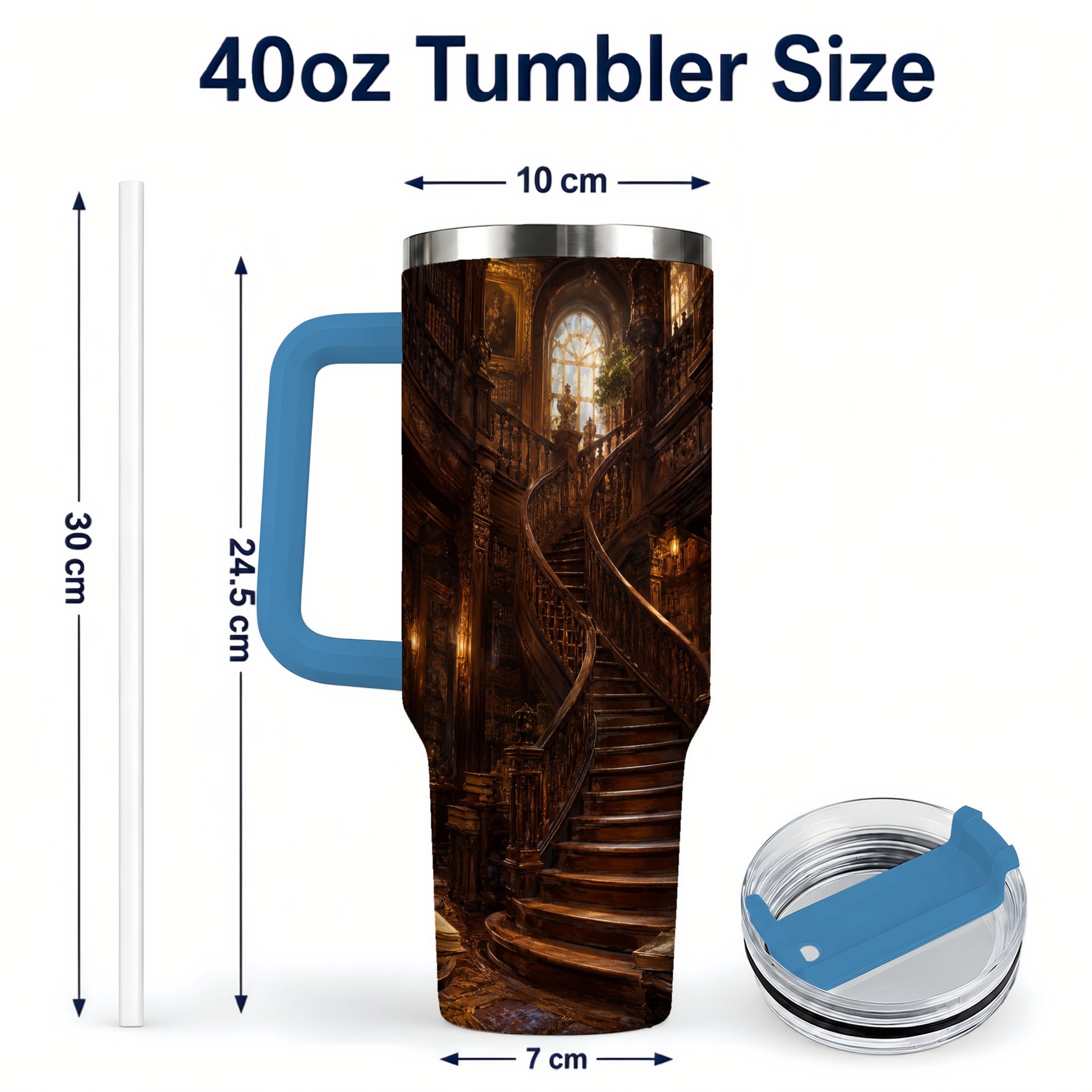 #pl[40oz|Blue] Grand Library Staircase 40oz Tumbler with Handle, Dark Academia Library Art