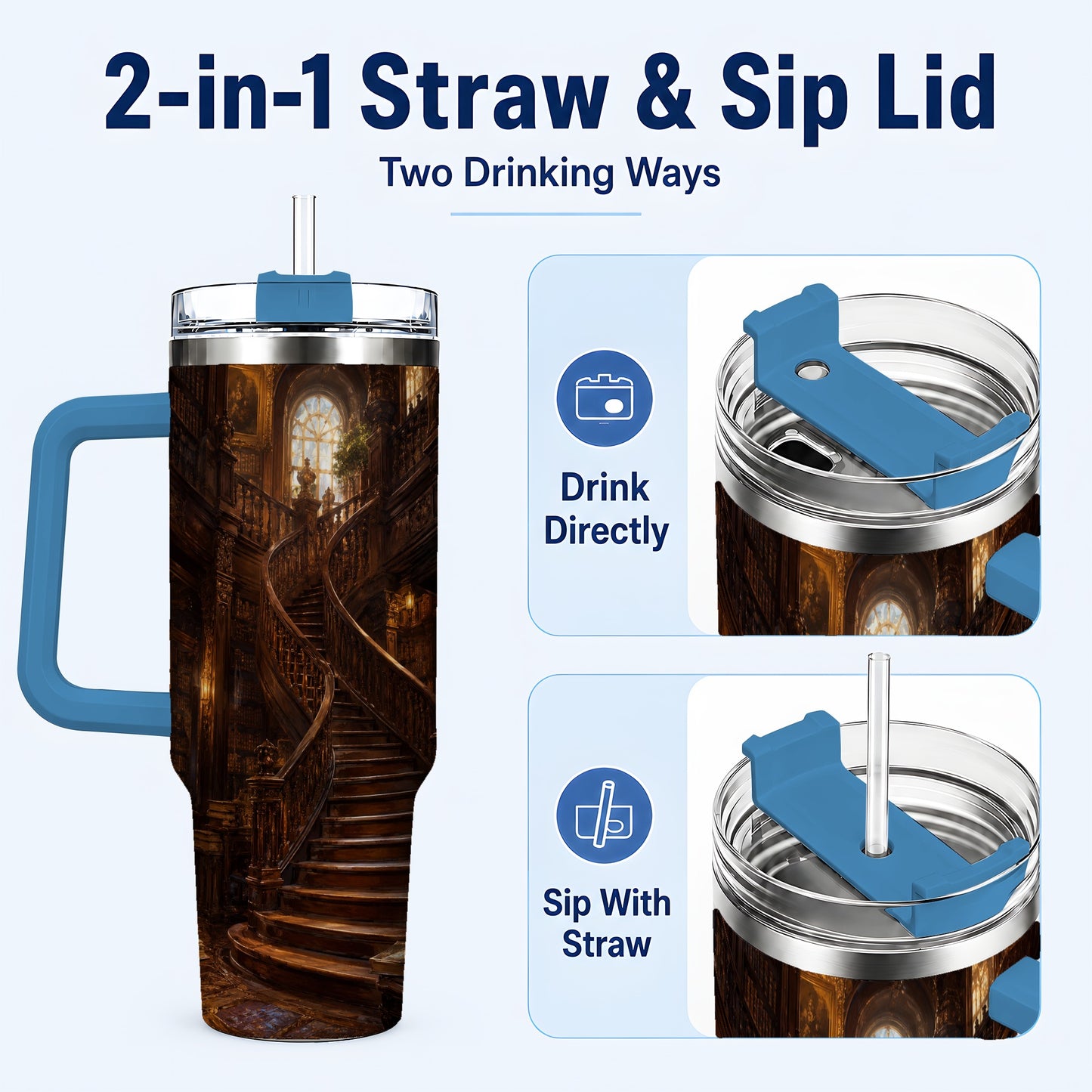 #pl[40oz|Blue] Grand Library Staircase 40oz Tumbler with Handle, Dark Academia Library Art