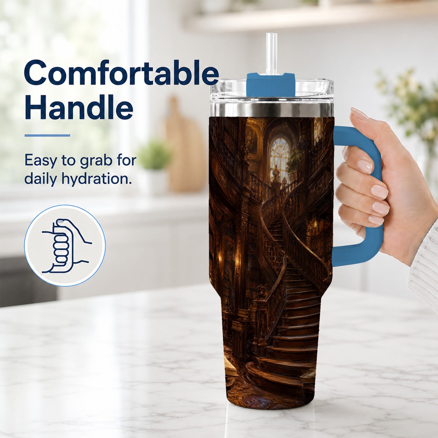 #pl[40oz|Blue] Grand Library Staircase 40oz Tumbler with Handle, Dark Academia Library Art