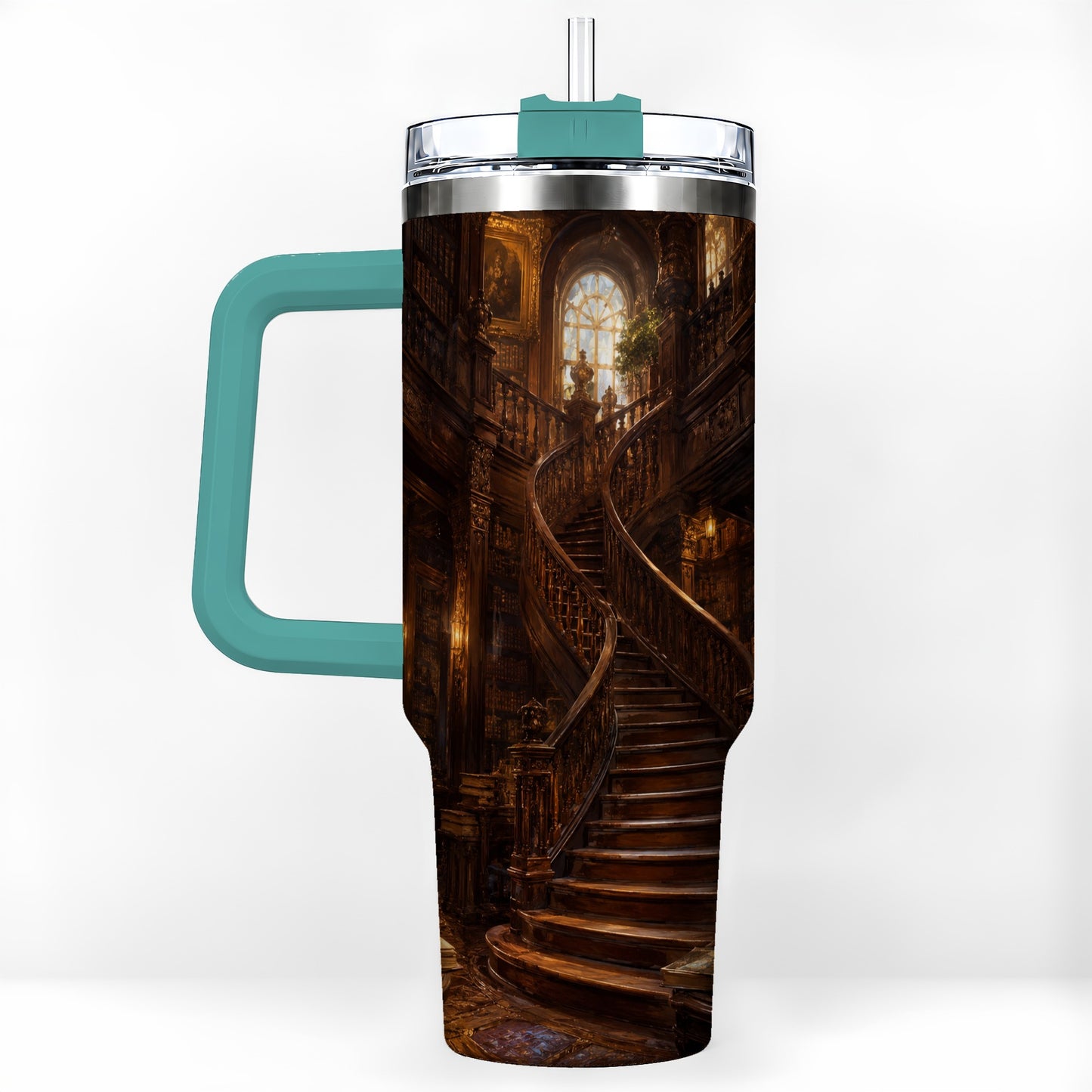 #pl[40oz|Green] Grand Library Staircase 40oz Tumbler with Handle, Dark Academia Library Art