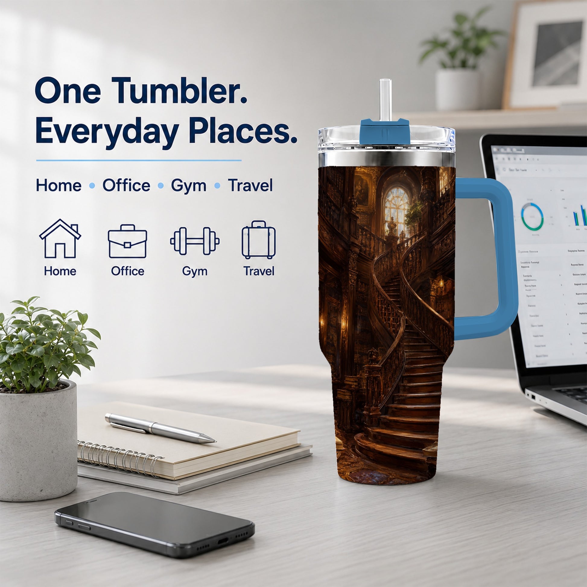#pl[40oz|Blue] Grand Library Staircase 40oz Tumbler with Handle, Dark Academia Library Art