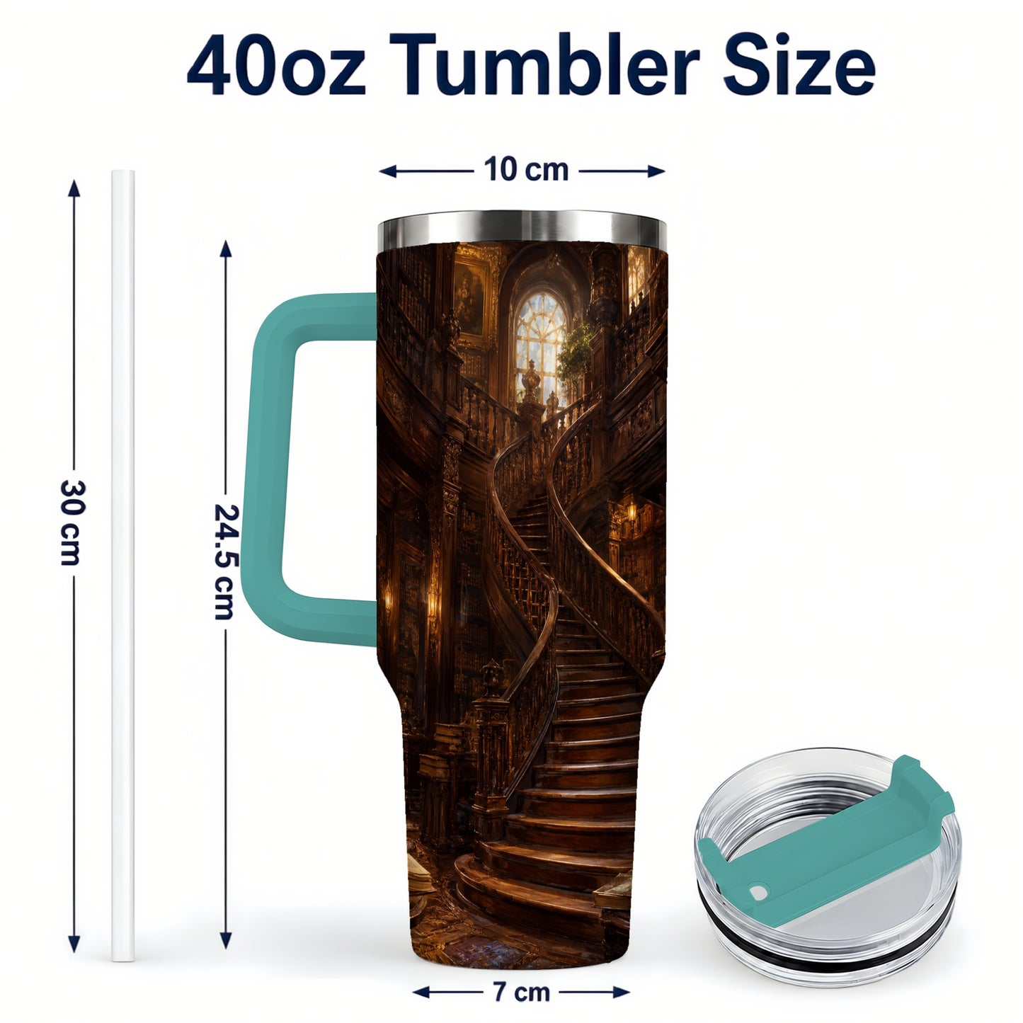 #pl[40oz|Green] Grand Library Staircase 40oz Tumbler with Handle, Dark Academia Library Art