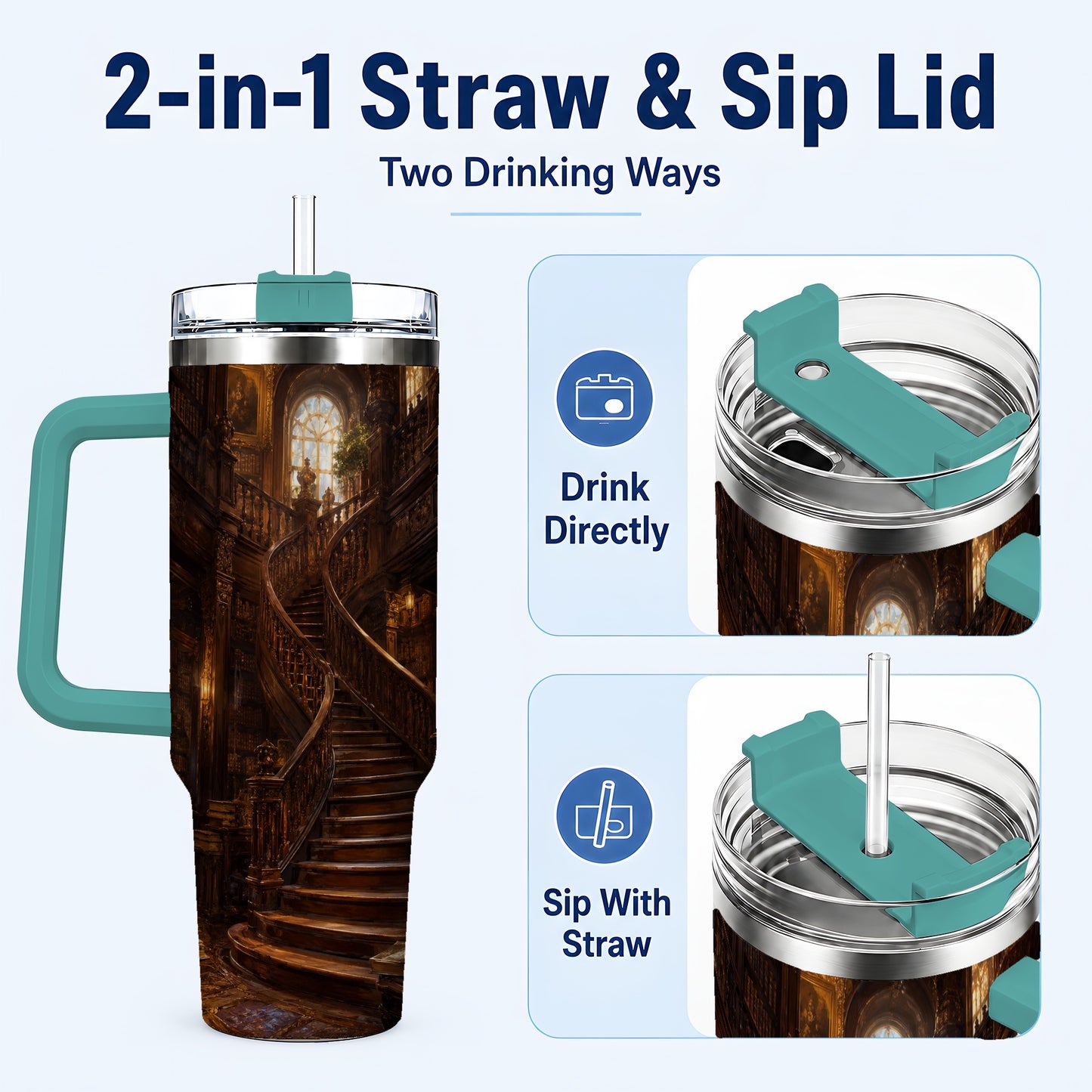 #pl[40oz|Green] Grand Library Staircase 40oz Tumbler with Handle, Dark Academia Library Art