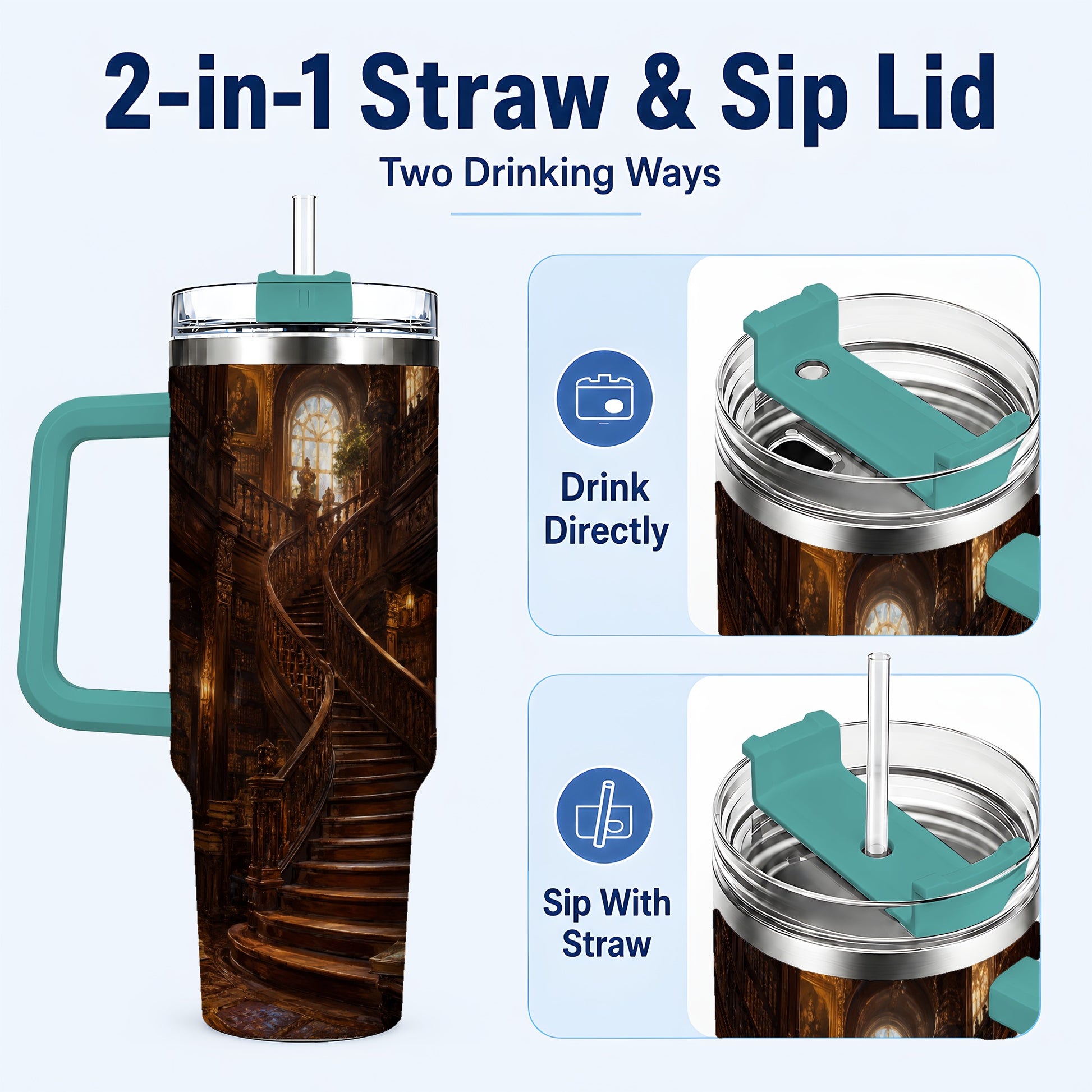 #pl[40oz|Green] Grand Library Staircase 40oz Tumbler with Handle, Dark Academia Library Art