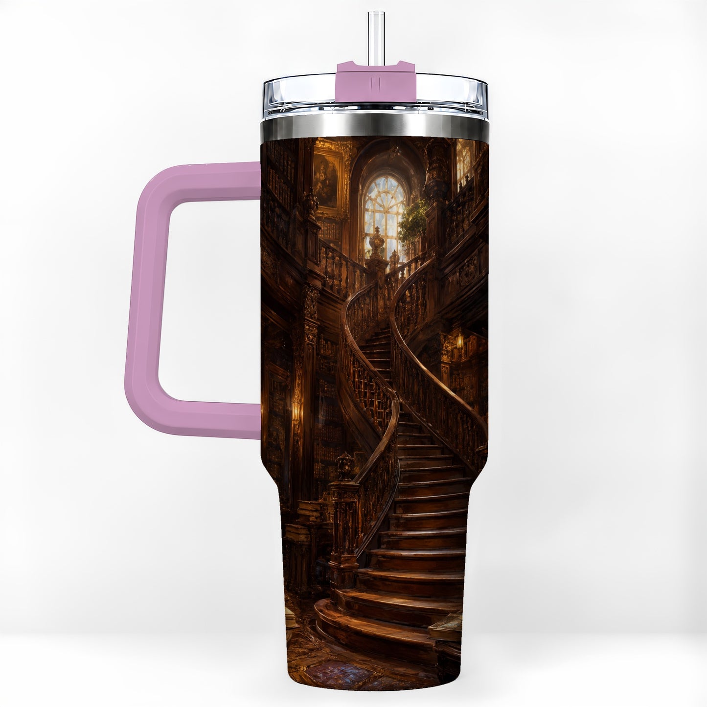 #pl[40oz|Pink] Grand Library Staircase 40oz Tumbler with Handle, Dark Academia Library Art