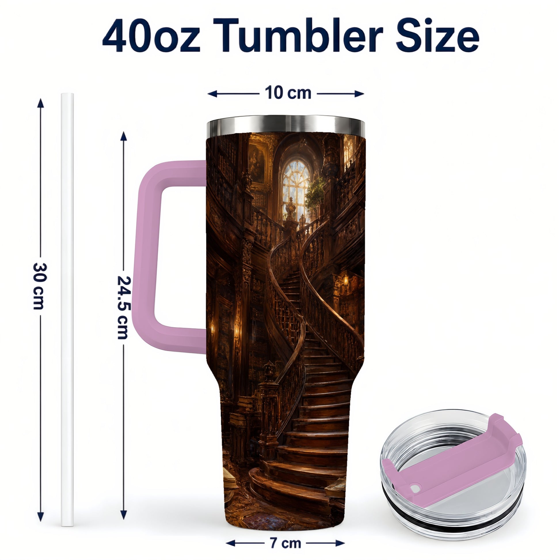 #pl[40oz|Pink] Grand Library Staircase 40oz Tumbler with Handle, Dark Academia Library Art