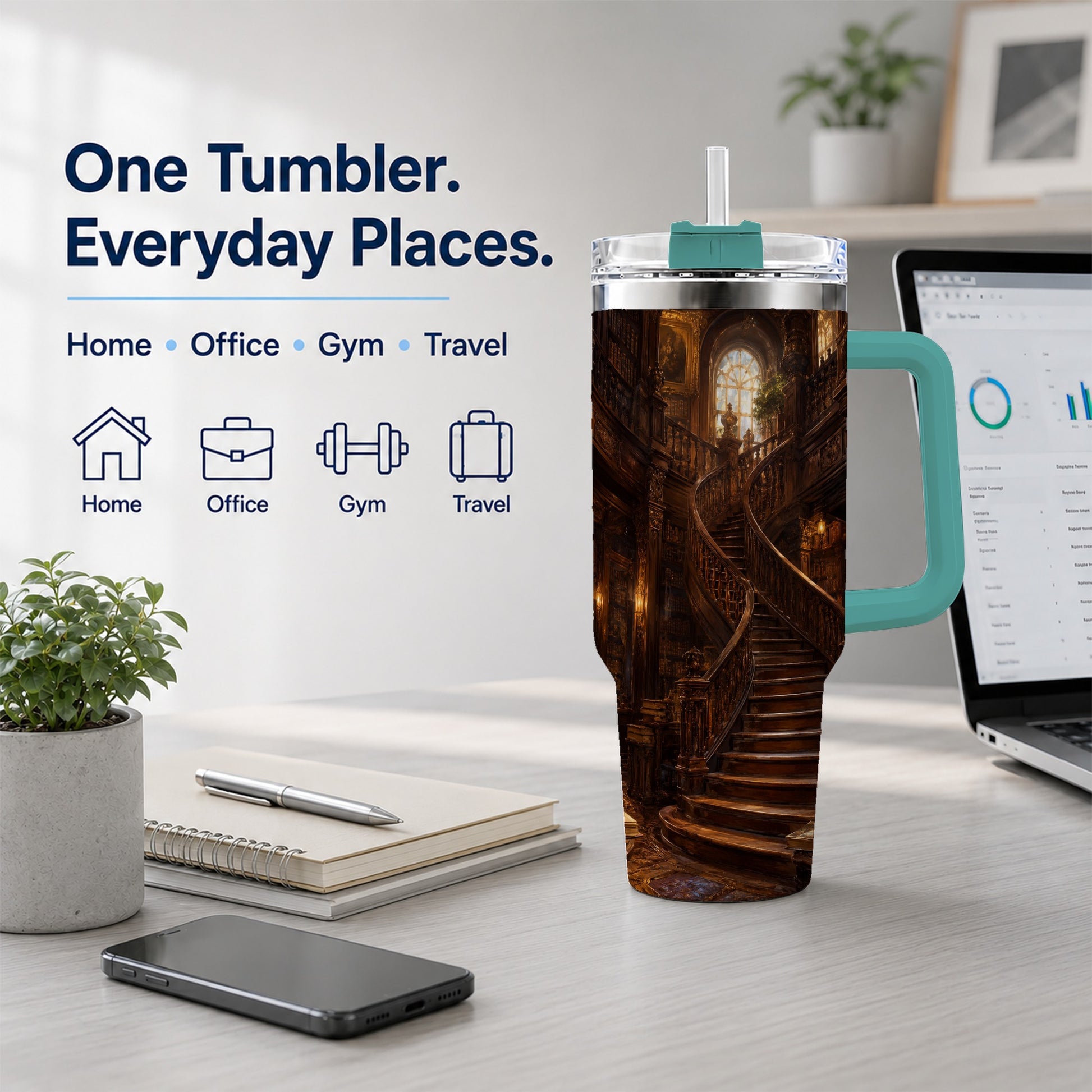 #pl[40oz|Green] Grand Library Staircase 40oz Tumbler with Handle, Dark Academia Library Art