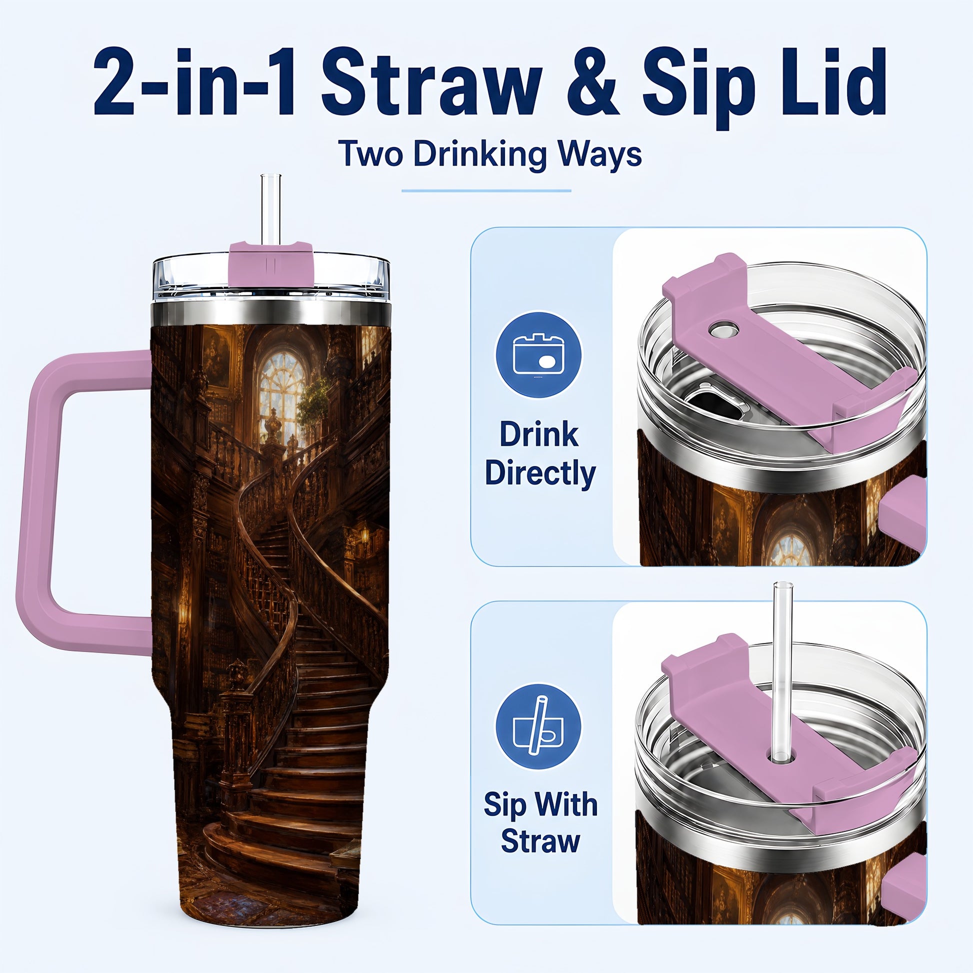 #pl[40oz|Pink] Grand Library Staircase 40oz Tumbler with Handle, Dark Academia Library Art