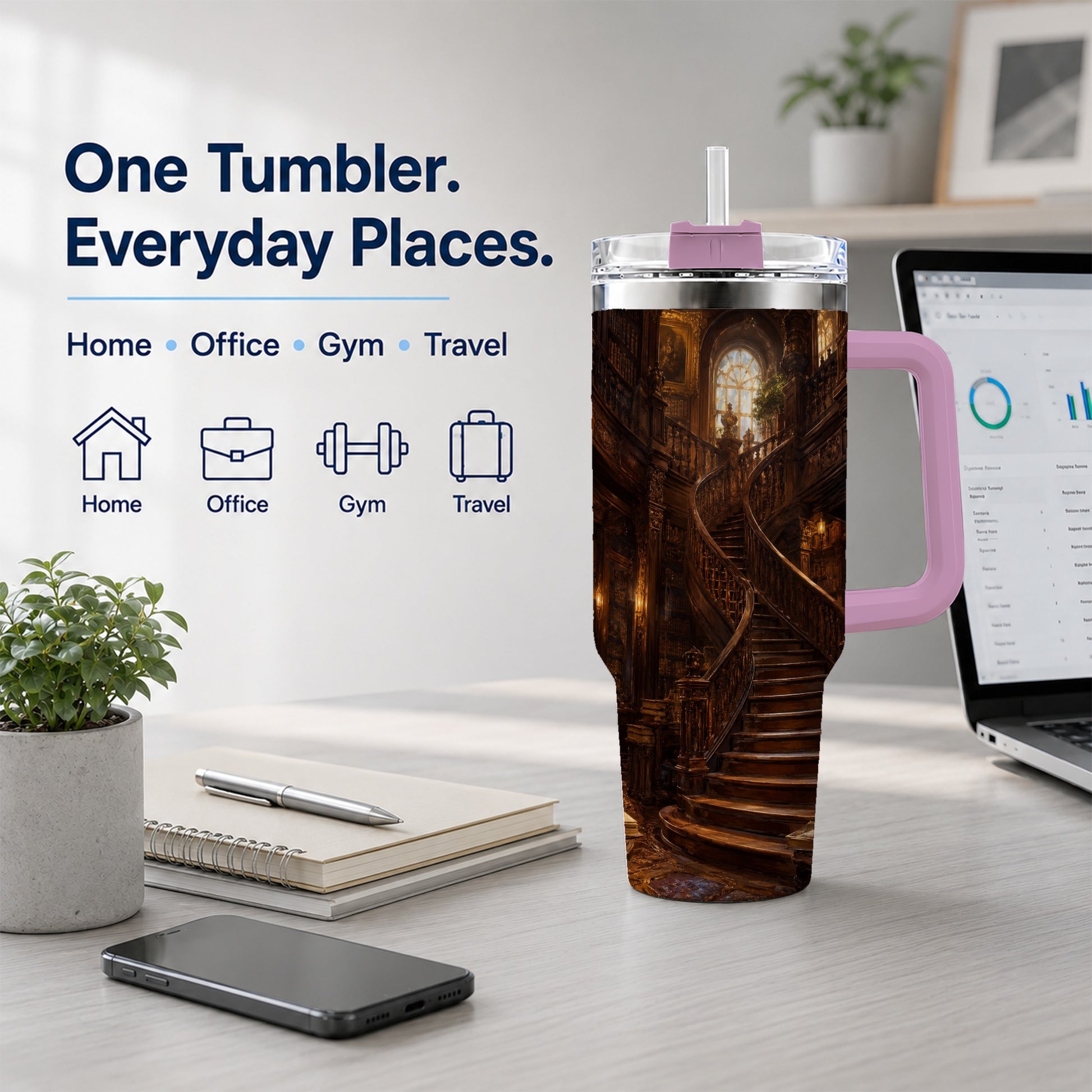 #pl[40oz|Pink] Grand Library Staircase 40oz Tumbler with Handle, Dark Academia Library Art