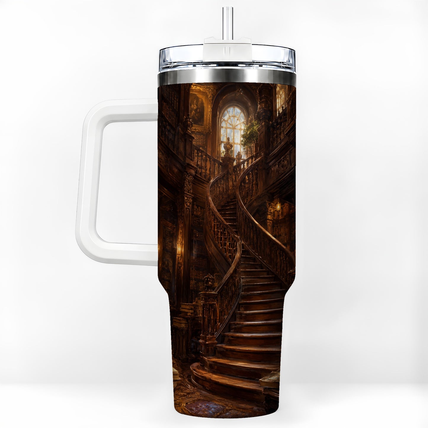 Grand Library Staircase 40oz Tumbler with Handle, Dark Academia Library Art