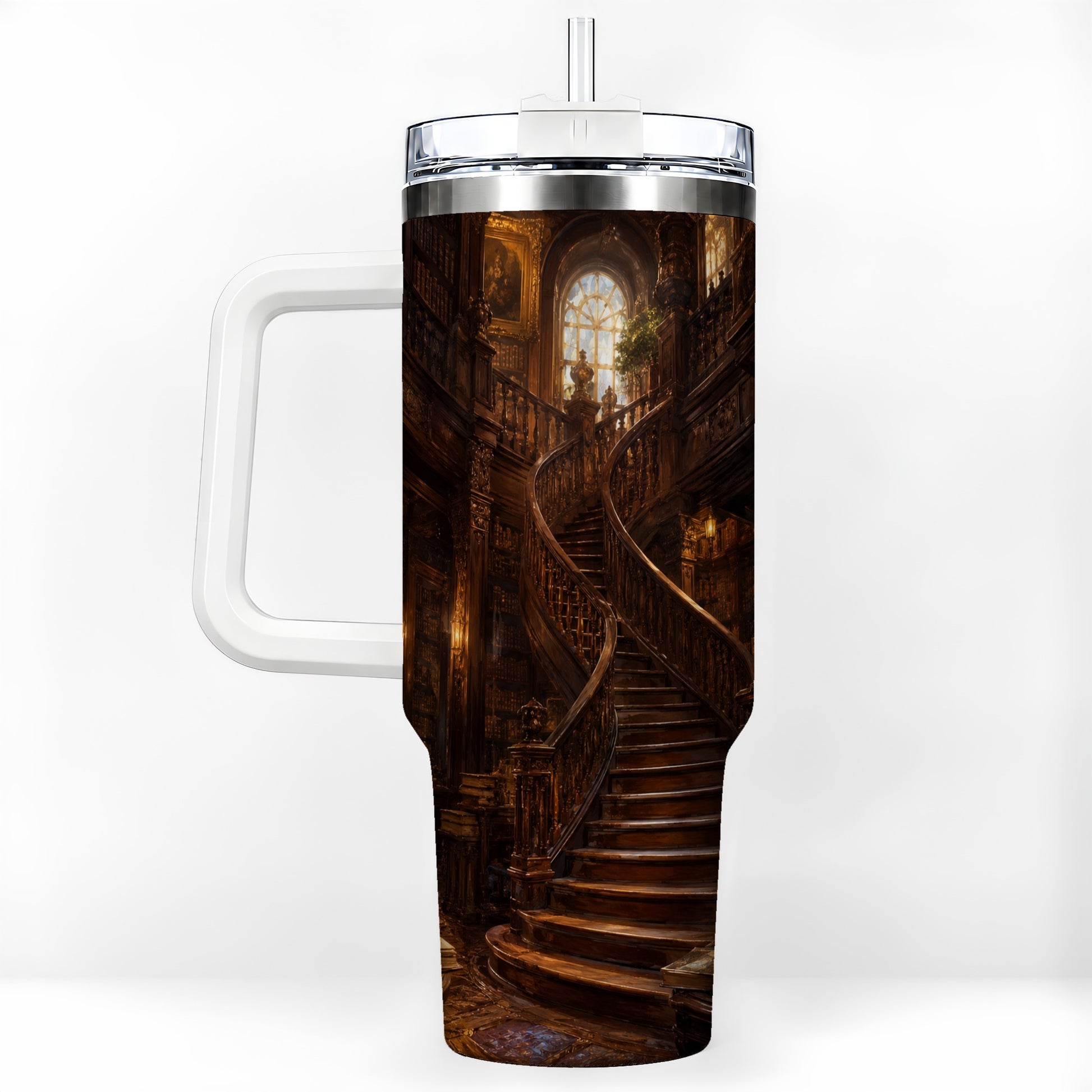 Grand Library Staircase 40oz Tumbler with Handle, Dark Academia Library Art