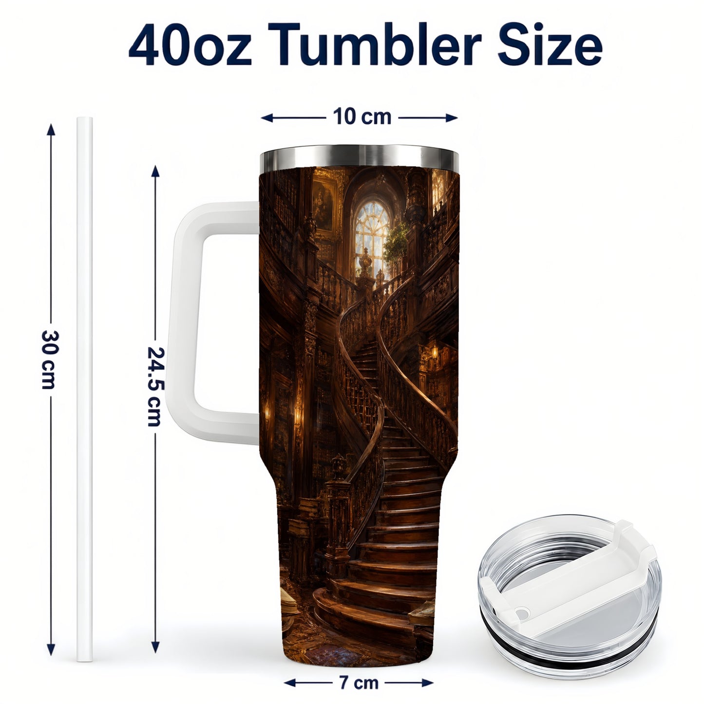 #pl[40oz|White] Grand Library Staircase 40oz Tumbler with Handle, Dark Academia Library Art