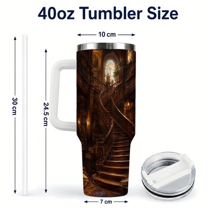 #pl[40oz|White] Grand Library Staircase 40oz Tumbler with Handle, Dark Academia Library Art