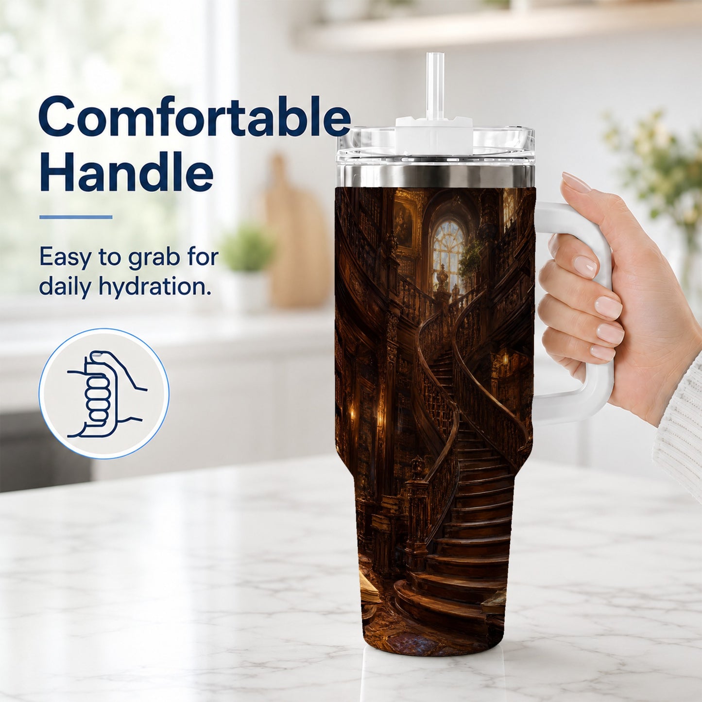 #pl[40oz|White] Grand Library Staircase 40oz Tumbler with Handle, Dark Academia Library Art