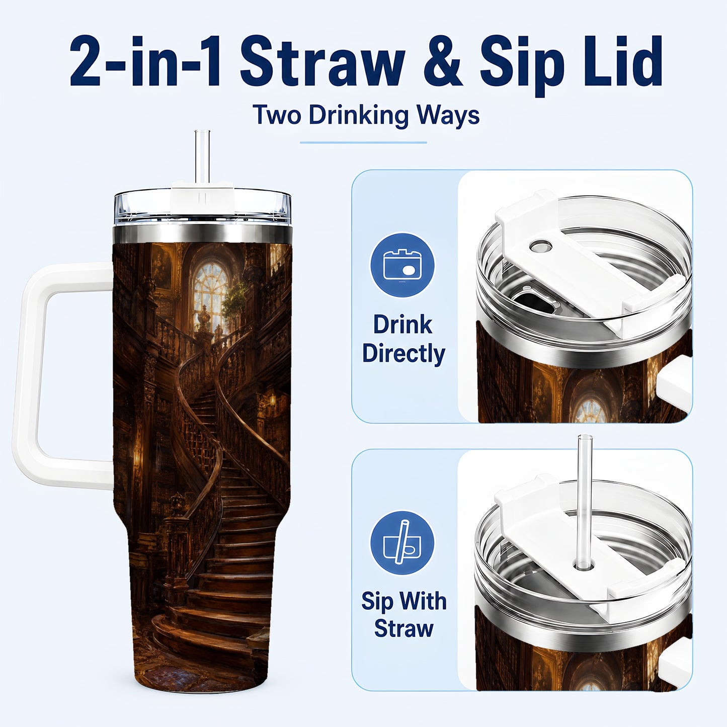 #pl[40oz|White] Grand Library Staircase 40oz Tumbler with Handle, Dark Academia Library Art