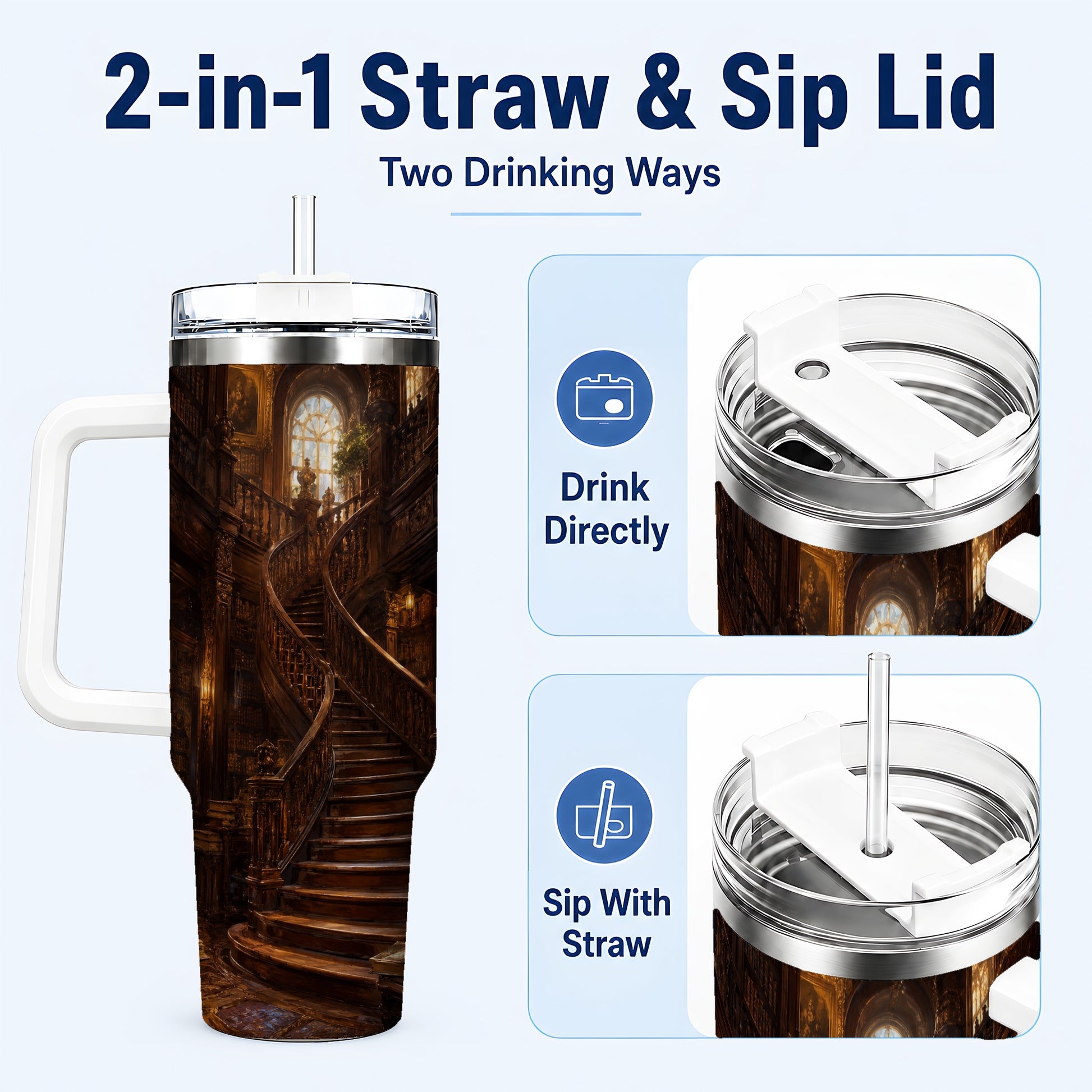 #pl[40oz|White] Grand Library Staircase 40oz Tumbler with Handle, Dark Academia Library Art