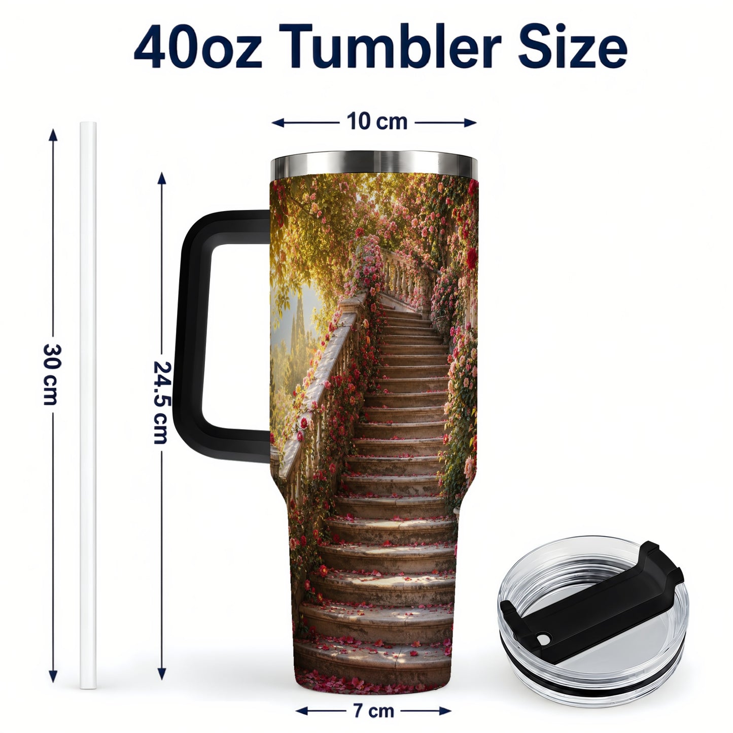 #pl[40oz|Black] Rose Garden Staircase 40oz Tumbler with Handle, Romantic Garden Art