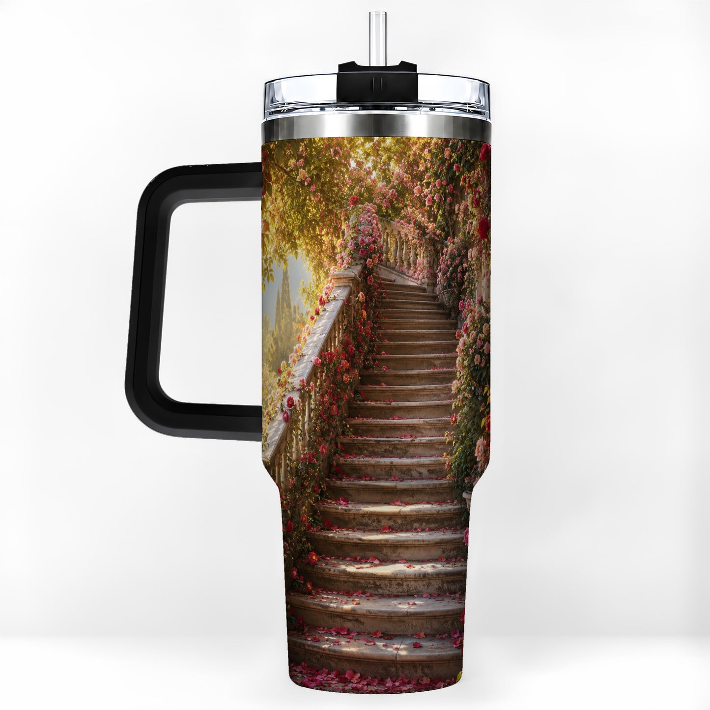 #pl[40oz|Black] Rose Garden Staircase 40oz Tumbler with Handle, Romantic Garden Art