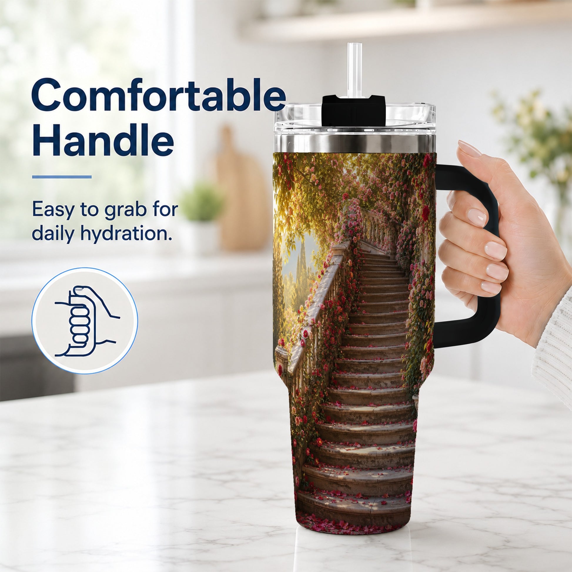 #pl[40oz|Black] Rose Garden Staircase 40oz Tumbler with Handle, Romantic Garden Art