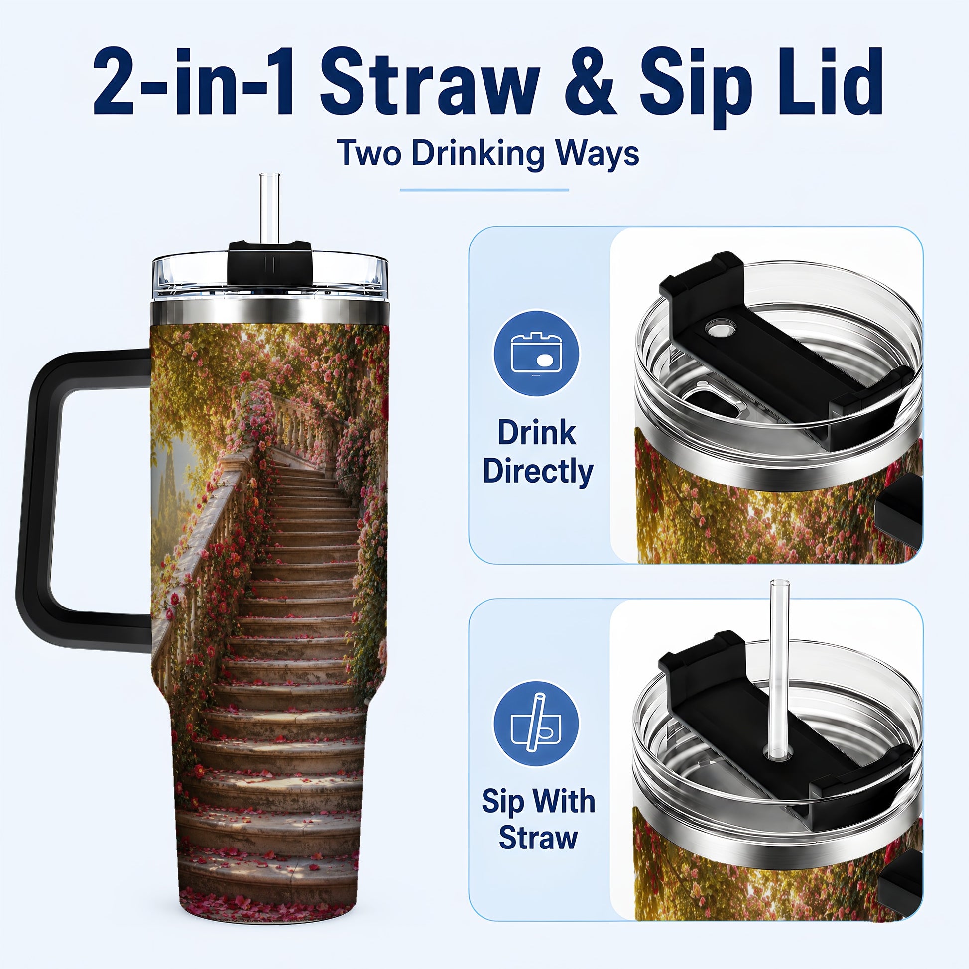 #pl[40oz|Black] Rose Garden Staircase 40oz Tumbler with Handle, Romantic Garden Art