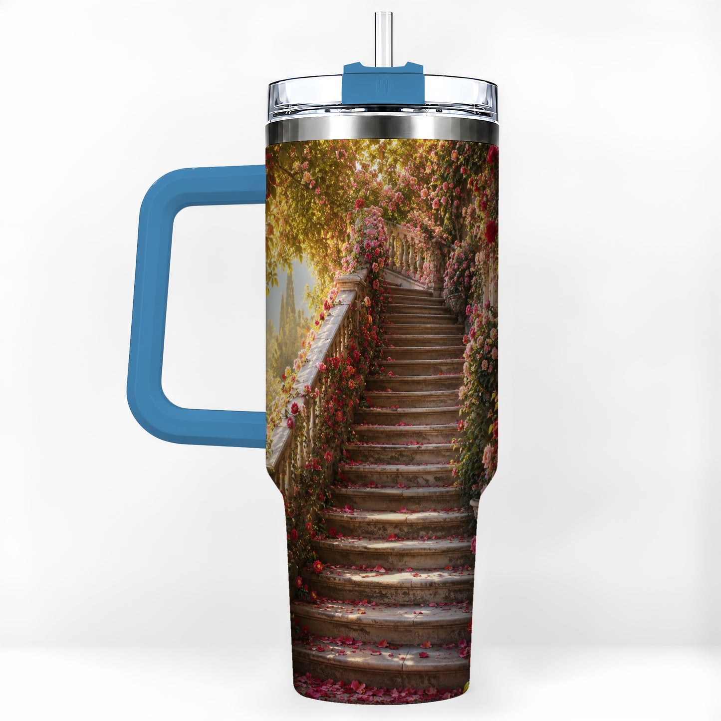 #pl[40oz|Blue] Rose Garden Staircase 40oz Tumbler with Handle, Romantic Garden Art