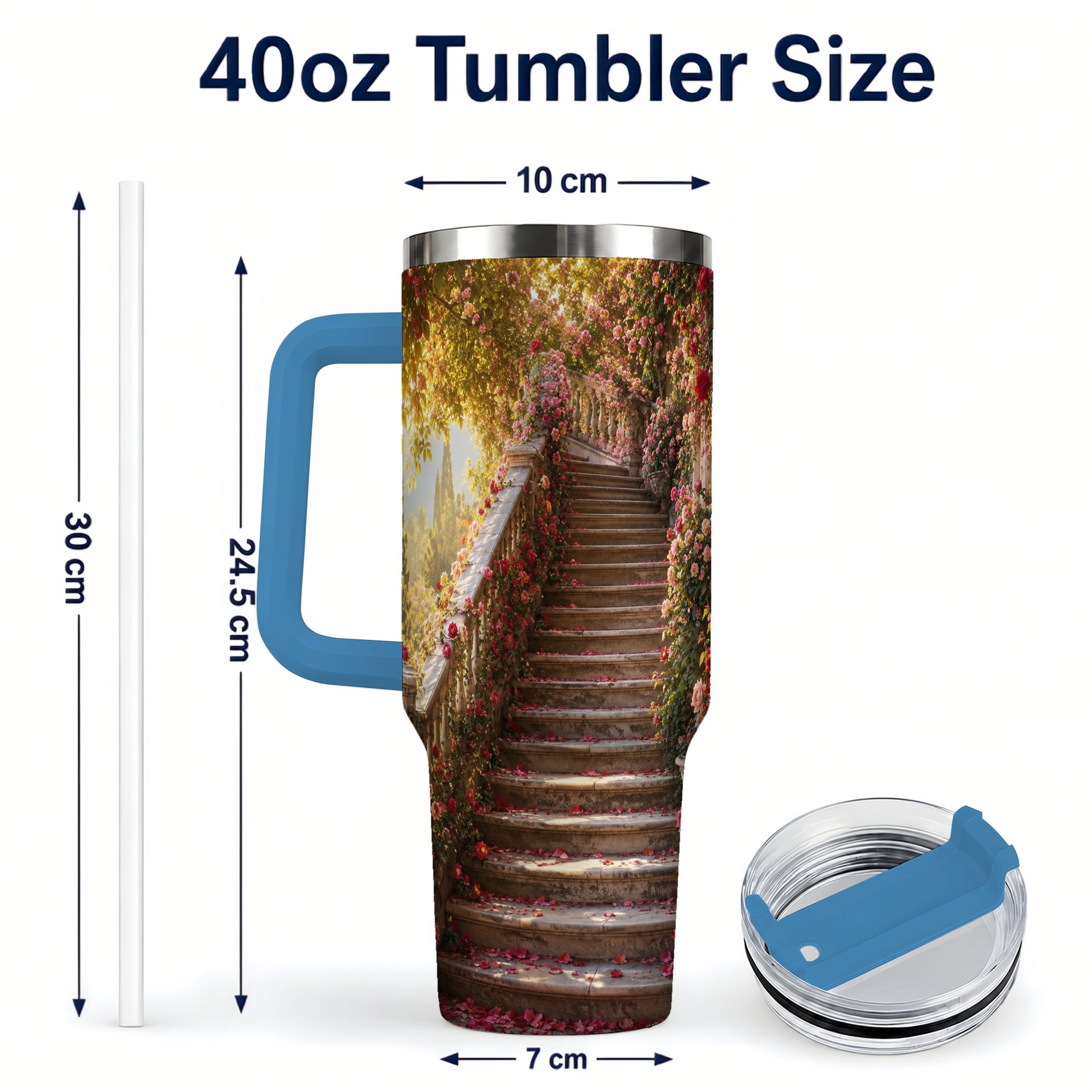 #pl[40oz|Blue] Rose Garden Staircase 40oz Tumbler with Handle, Romantic Garden Art