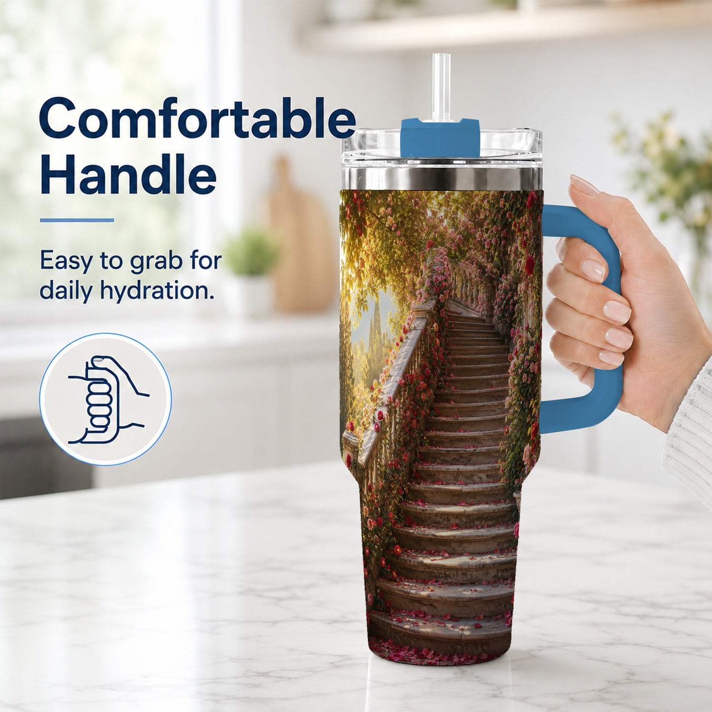 #pl[40oz|Blue] Rose Garden Staircase 40oz Tumbler with Handle, Romantic Garden Art