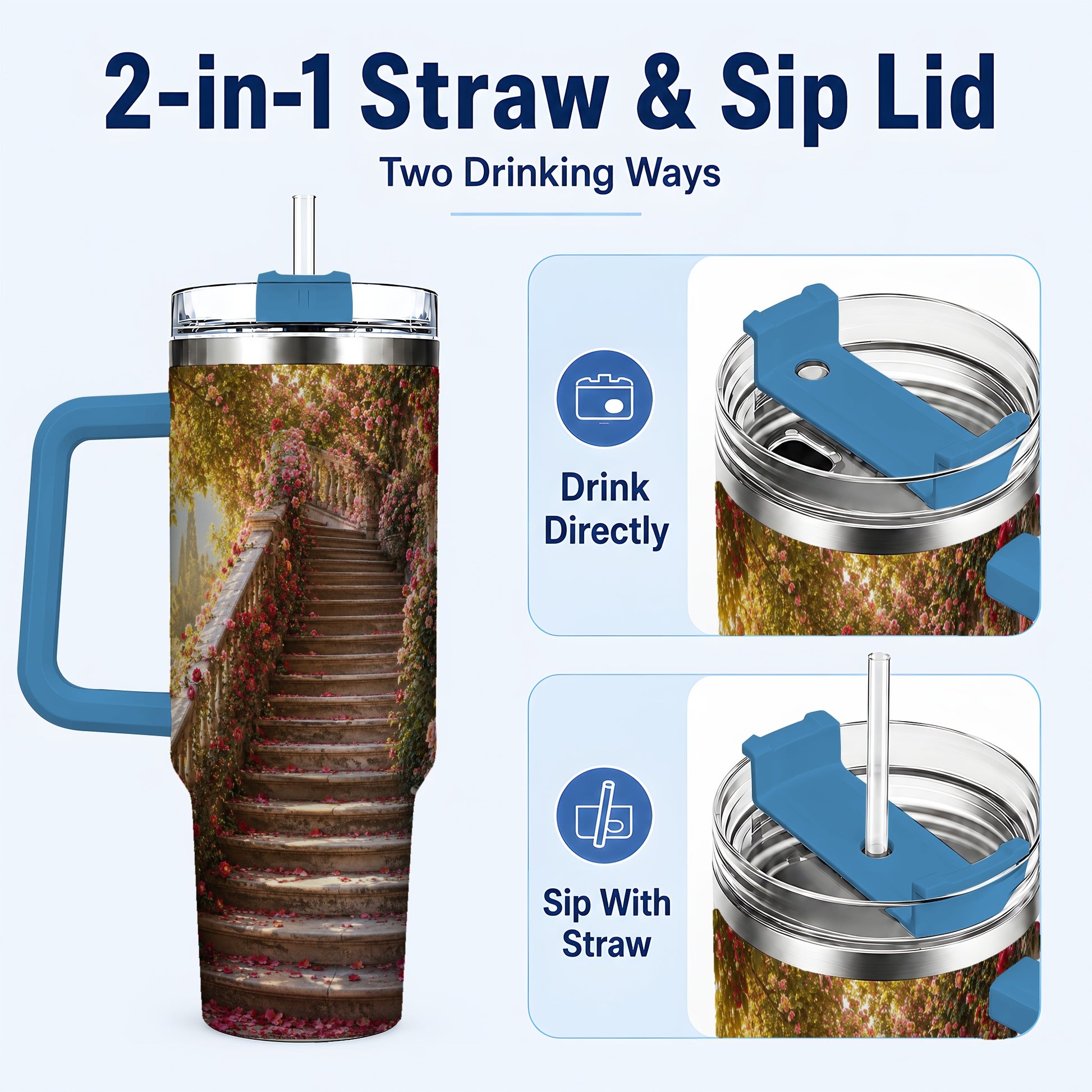 #pl[40oz|Blue] Rose Garden Staircase 40oz Tumbler with Handle, Romantic Garden Art