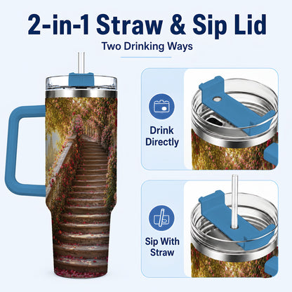 #pl[40oz|Blue] Rose Garden Staircase 40oz Tumbler with Handle, Romantic Garden Art