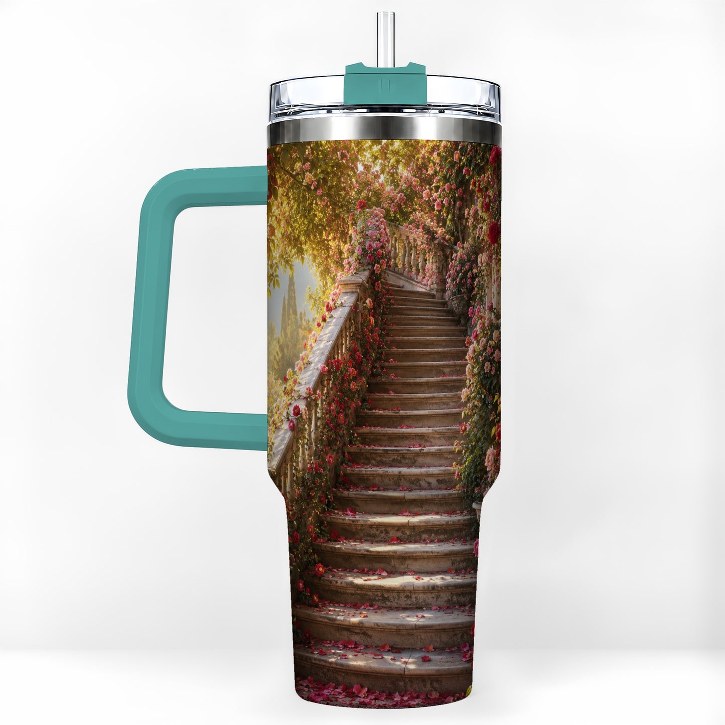 #pl[40oz|Green] Rose Garden Staircase 40oz Tumbler with Handle, Romantic Garden Art