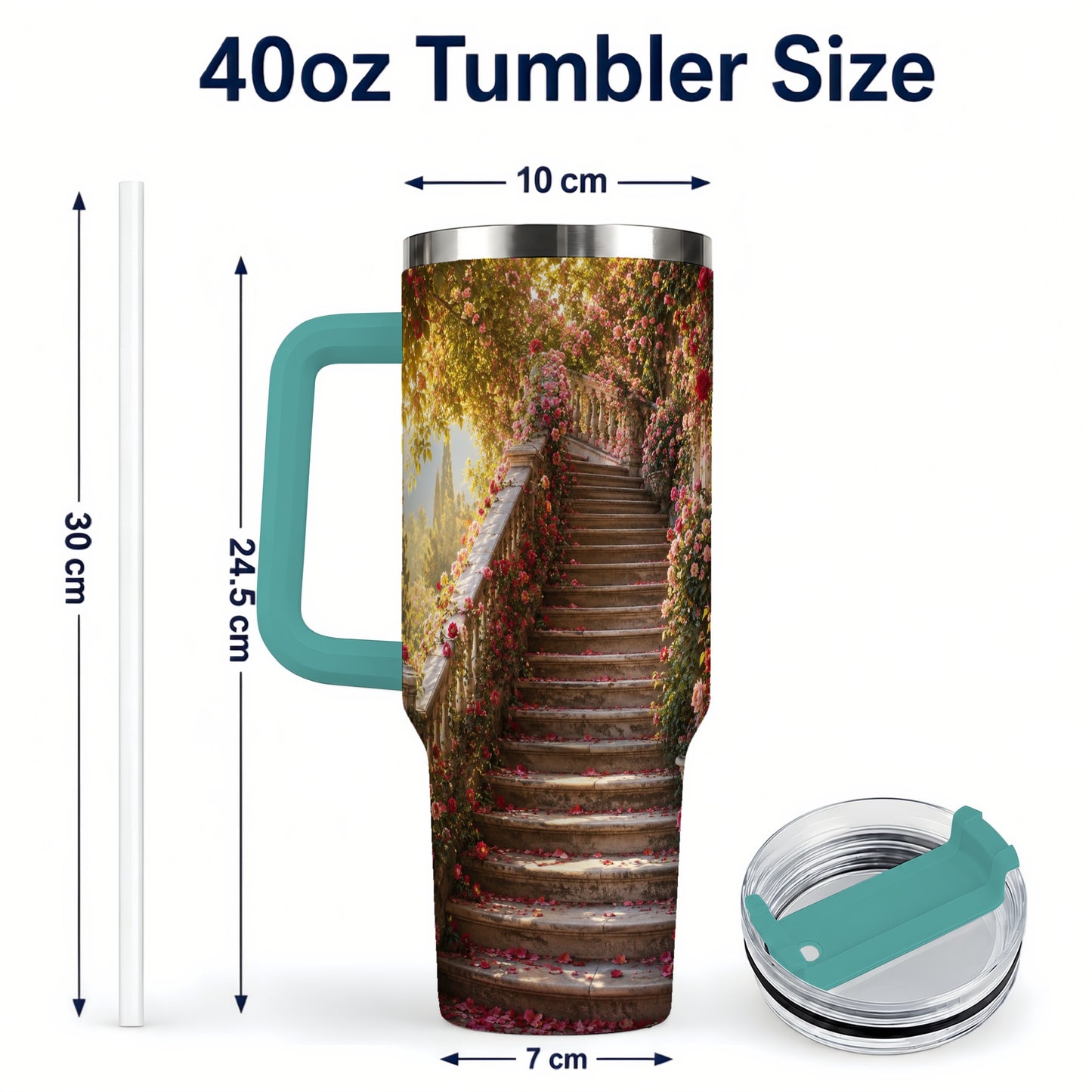 #pl[40oz|Green] Rose Garden Staircase 40oz Tumbler with Handle, Romantic Garden Art