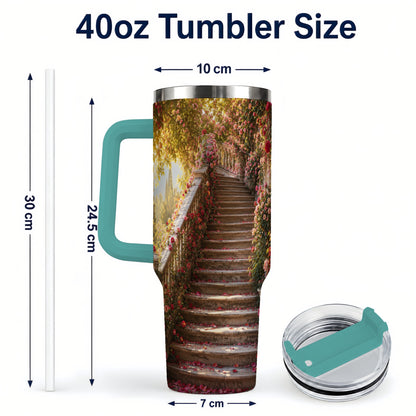 #pl[40oz|Green] Rose Garden Staircase 40oz Tumbler with Handle, Romantic Garden Art
