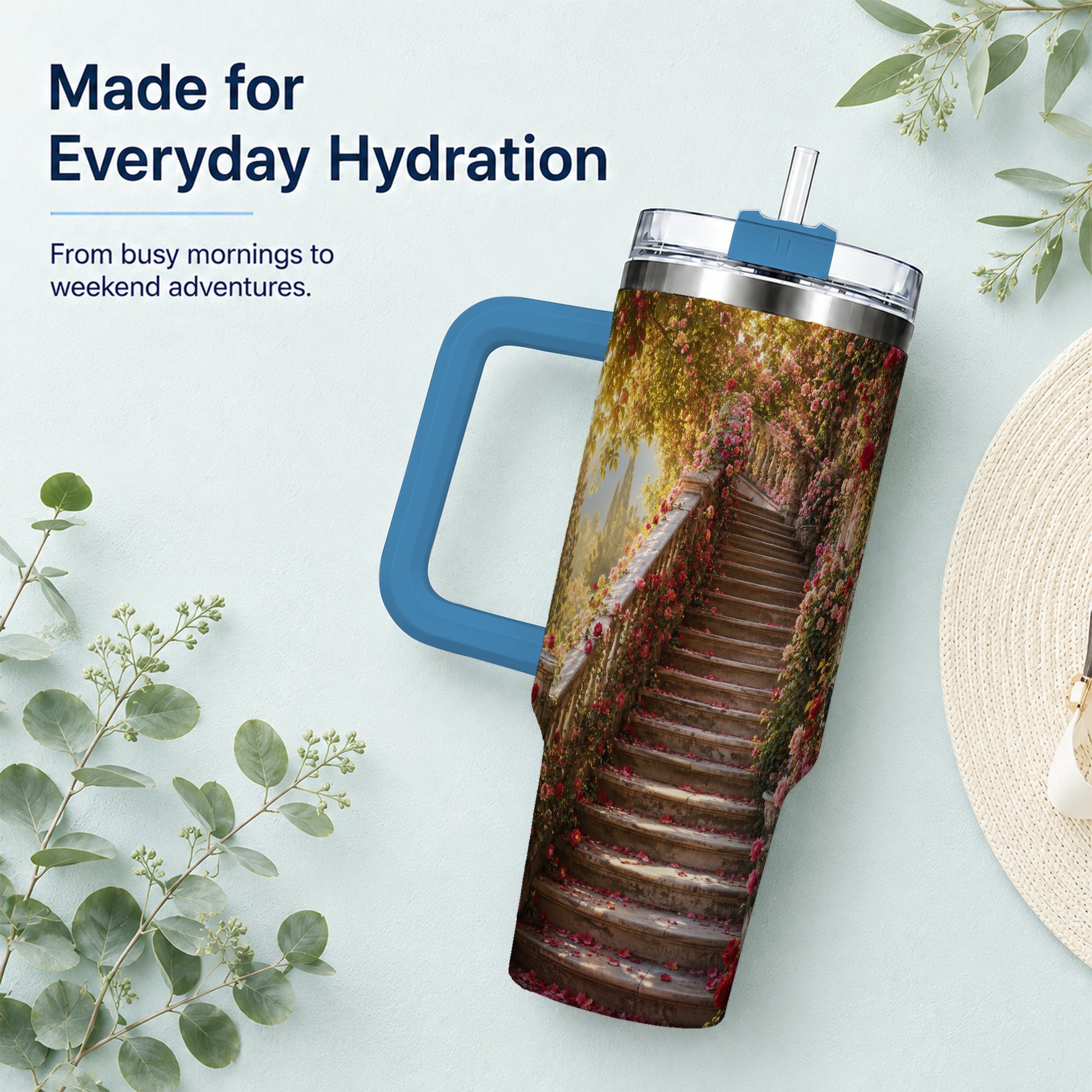 #pl[40oz|Blue] Rose Garden Staircase 40oz Tumbler with Handle, Romantic Garden Art
